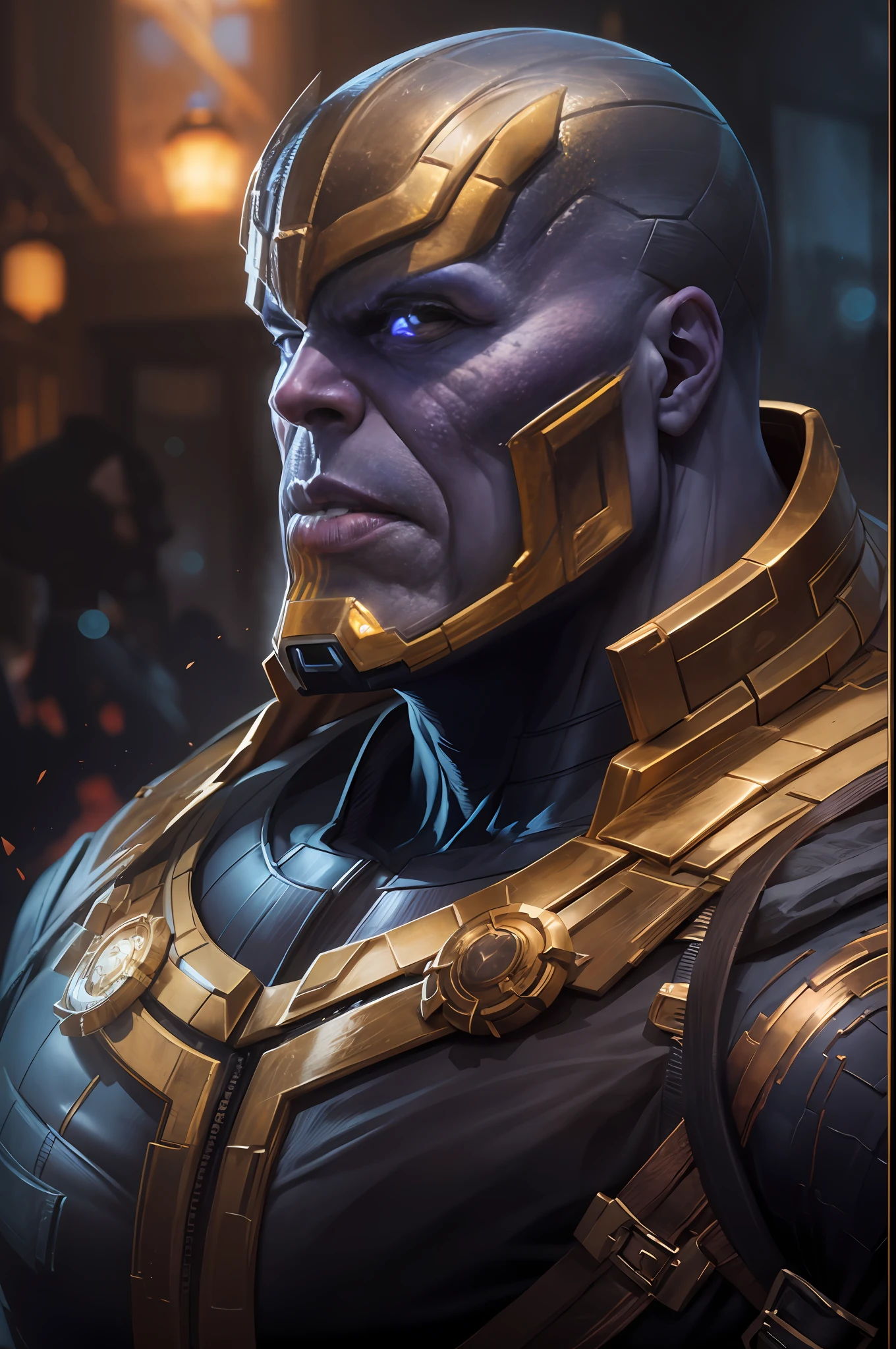 Thanos en una armadura con ojos brillantes y un halo brillante, Retrato de Thanos, Rasgos de estilo Thanos, Thanos, amazing 8k character concept art, armarmadura completamente dorada 1:2, Obra maestra de ArtStation, Thanos como Vin Diesel, Joe Biden como Thanos, 8K HD WallpaperJPEG Artefacto, 8 K HD WallpaperJPEG artefacto, Tendencias en ArtStation 4K, Tendencia en ArtStation, visor futirusta copmo el de ciclope de los xmen