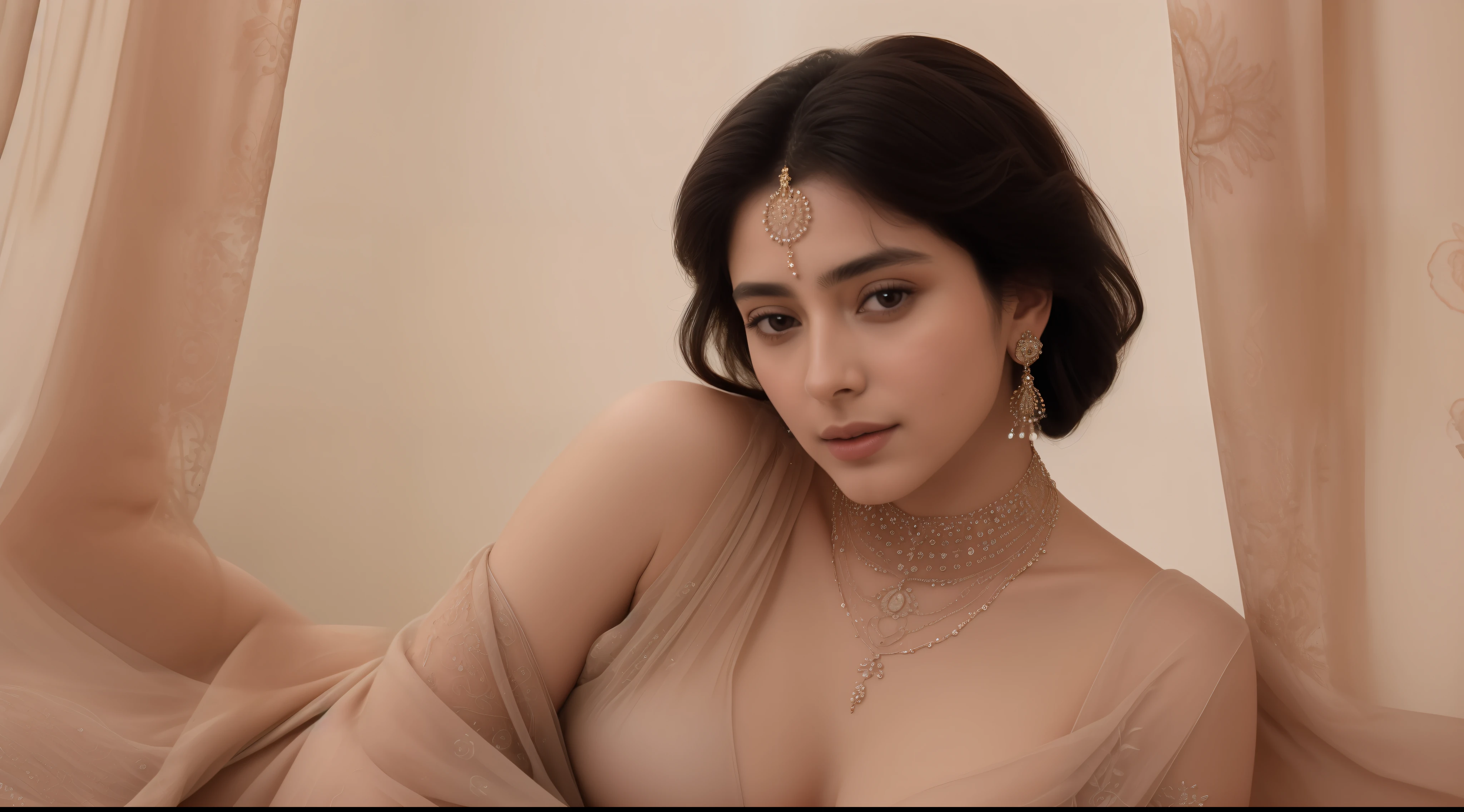 "Hyper-realistic portrayal of a breathtakingly beautiful woman adorned in a sari, exuding an ethereal and elven-like aura. The woman's features are meticulously rendered, showcasing her exquisite elegance and charm. The sari drapes gracefully over her form, its intricate patterns and rich colors capturing the eye. A necklace adorns her neck, its details reflecting light with astonishing realism. Her expression is serene and captivating, reflecting a goddess-like presence that is both regal and inviting. The portrait is shot in soft light, enhancing the woman's delicate features and emphasizing the subtle play of shadows and highlights. The image is a stunning 8K portrait, with every nuance of the woman's visage and attire depicted in remarkable detail. The backdrop complements her beauty, adding depth without distracting from the central focus."