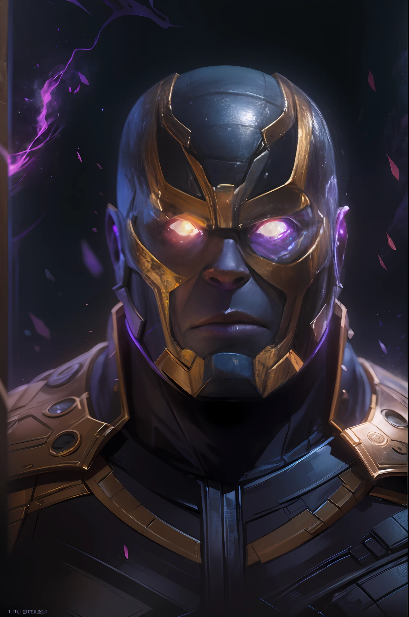Thanos en una armadura con ojos brillantes y un halo brillante, Retrato de Thanos, Rasgos de estilo Thanos, Thanos, amazing 8k character concept art, armarmadura completamente dorada 1:2, Obra maestra de ArtStation, Thanos como Vin Diesel, Joe Biden como Thanos, 8K HD WallpaperJPEG Artefacto, 8 K HD WallpaperJPEG artefacto, Tendencias en ArtStation 4K, Tendencia en ArtStation, visor futirusta copmo el de ciclope de los xmen