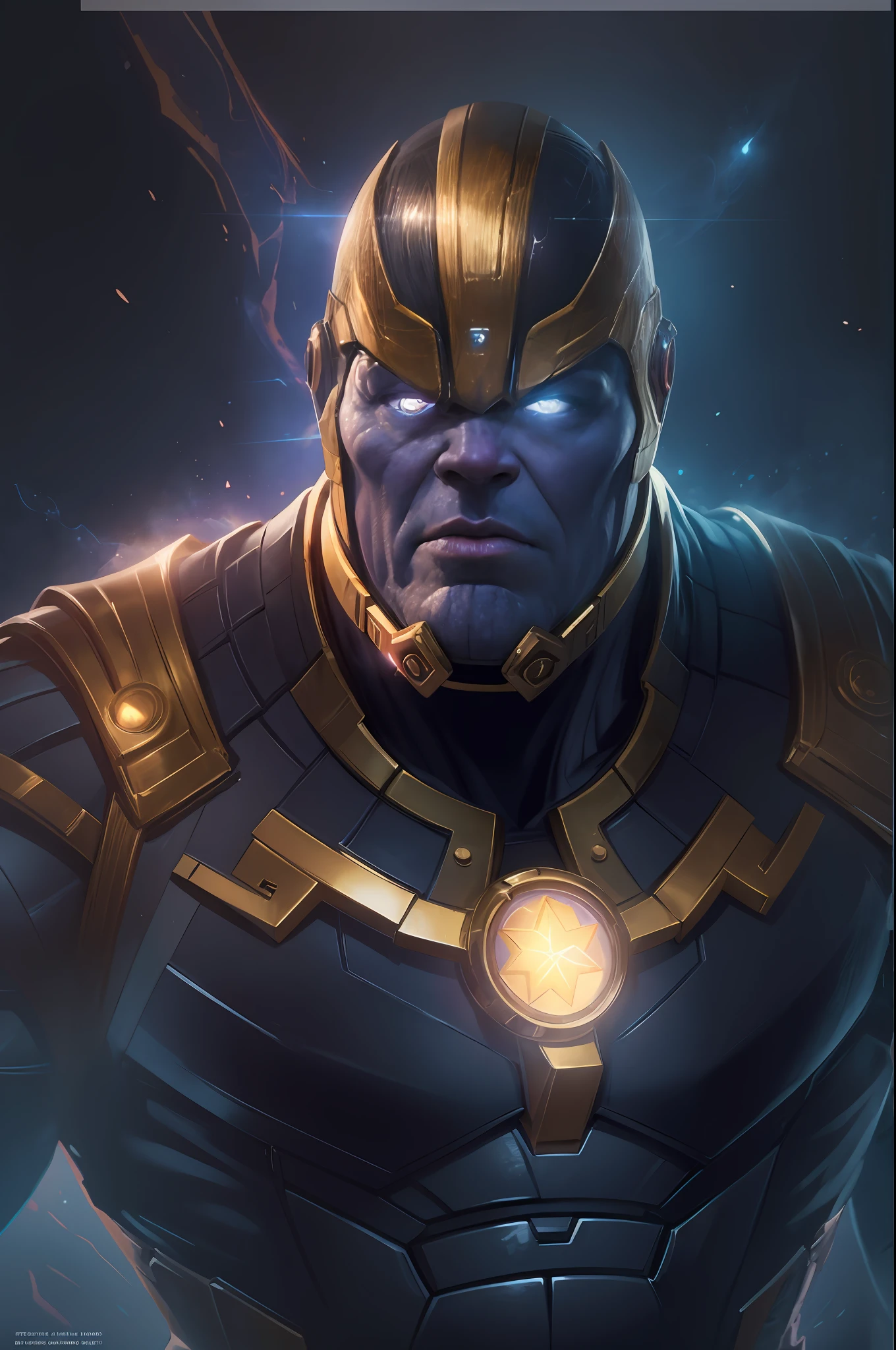 Thanos en una armadura con ojos brillantes y un halo brillante, Retrato de Thanos, Rasgos de estilo Thanos, Thanos, amazing 8k character concept art, armarmadura completamente dorada 1:2, Obra maestra de ArtStation, Thanos como Vin Diesel, Joe Biden como Thanos, 8K HD WallpaperJPEG Artefacto, 8 K HD WallpaperJPEG artefacto, Tendencias en ArtStation 4K, Tendencia en ArtStation, visor futirusta copmo el de ciclope de los xmen