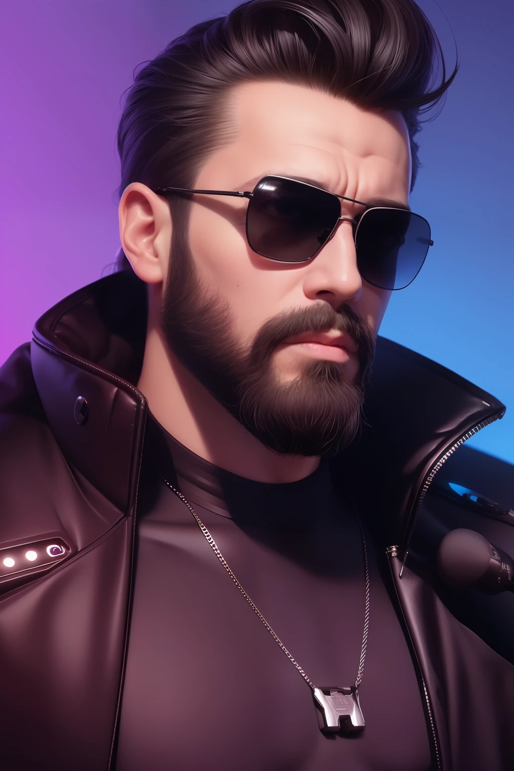 a man with a beard and sunglasses, cyberpunk art, funk art, stunning gradient colors, stylized portrait h 704, pompadour, twitch streamer, cold colors. insanely detailed, t-800, no watermark signature, in rich color, outrun