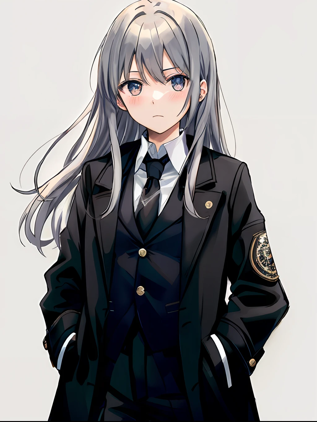 masutepiece, Best Quality:1.2), Cowboy Shot, Solo, 1girl in, deadpan, Closed mouth, Looking at Viewer, Hands in pockets, Long hair, Ringed Eyes, Formal,Black coat, Collared shirt, black necktie, Black pants