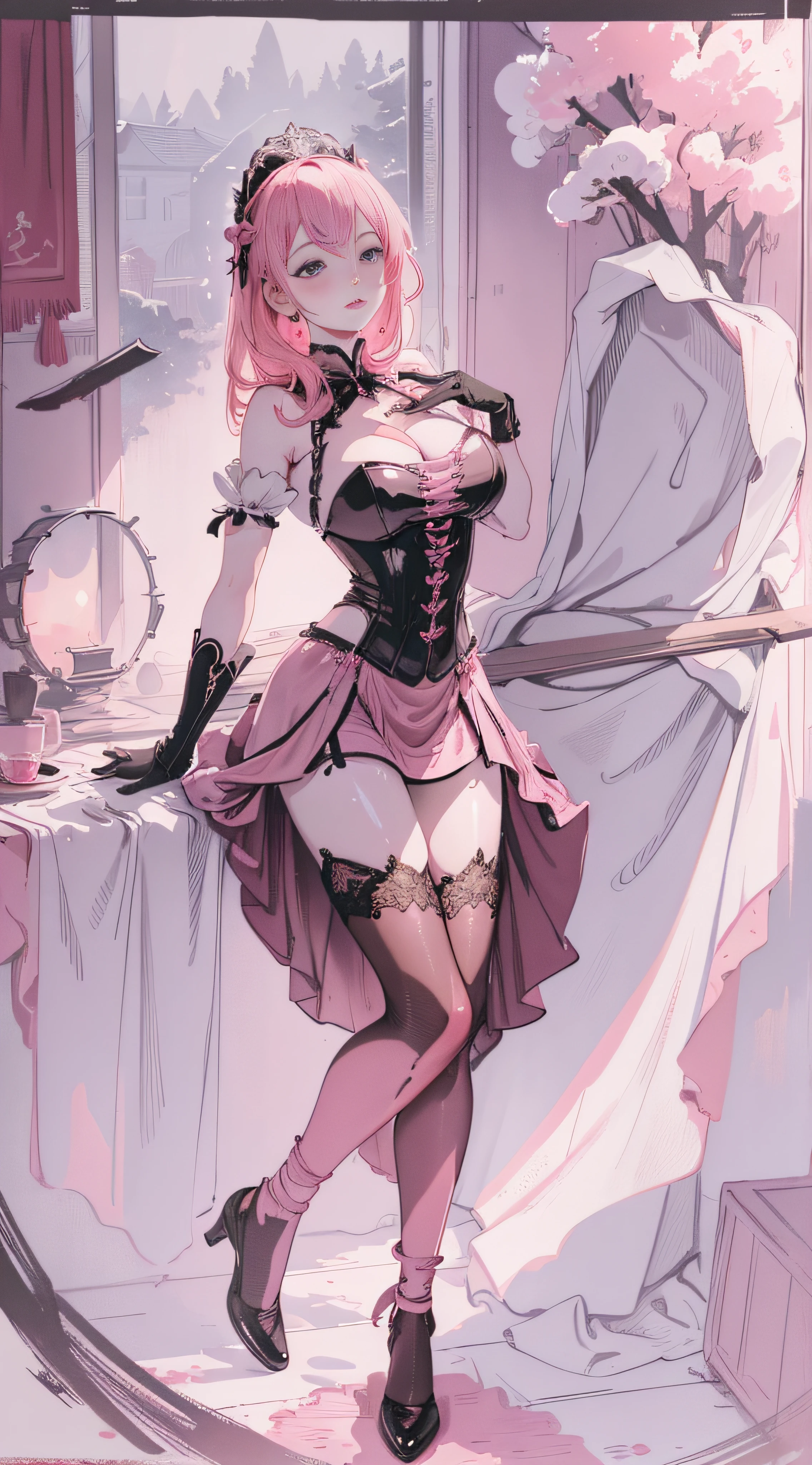 The charming royal sister has a pink glow, sensual lingerie, Suspender stockings, looking at viewert, busty figure, fleshy feeling, Sweat profusely, Perfect details, High-resolution fine textures, Depth of field effect, Brilliant lighting effects, lightand shade contrast, Ray tracing and flare effects, Best texture, Genre painting