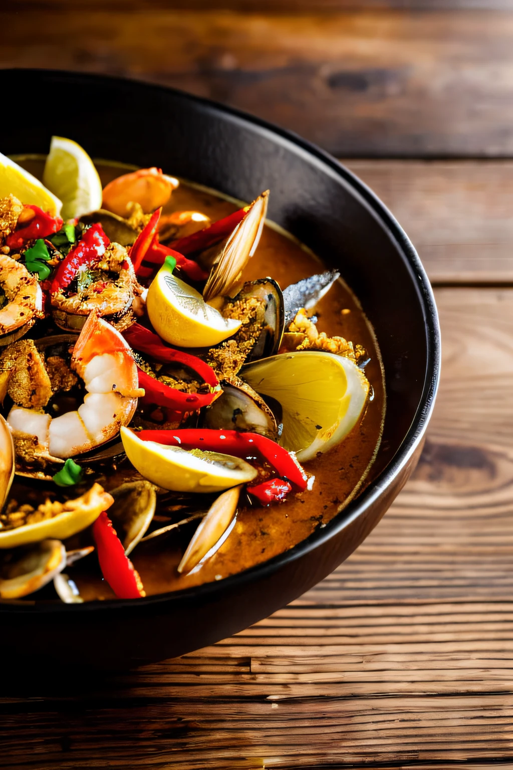 A bowl of seafood and lotus root chips on a wooden table，chili pepper，Hot steam，The oil is shiny，photography of，Realistis，