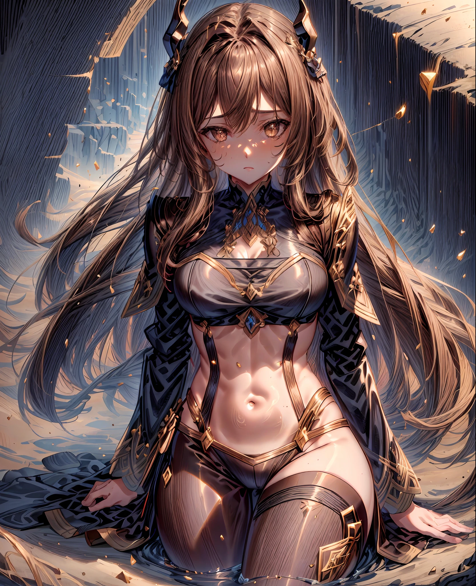 Semi realistic style image of a beautifull girl, brown hairs, light brown eyes, fit body, super detailed hairs, sexy suit, sexy face, super deteil, high contrast, desert background, strong deth view, sharp focus, ultra detailed background, masterpiece, ultra detailed shadows, highlights, cleavage.