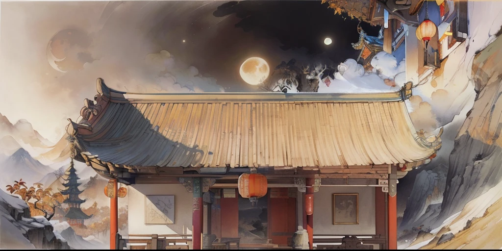 Ancient Chinese landscapes，Ancient buildings，Pavilions，Carved beams and paintings，enchanting scenery，Night，Moon light，Layered, Rich light and shadow,Mid-Autumn Festival, Ink painting style，clean color，Low-saturation colors，Colors of low brightness，Decisive cut，Leave white space，impressionistic，tmasterpiece，ultra - detailed，Epic composition,  HighestQuali，hyper realisitc，Art germ --v 6