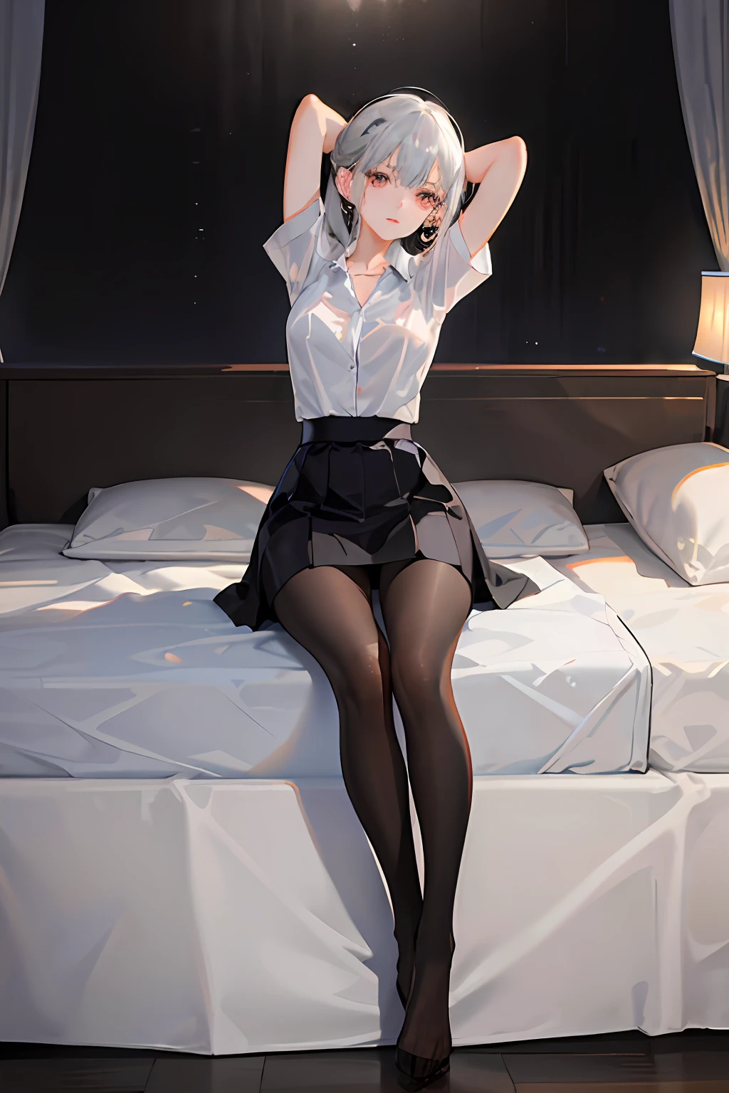 (((1 girl)),ray tracing,(dim lighting),[detailed background (bedroom)),((silver hair)),((silver hair)),(Fluffy silver hair, plump and slender girl))) with high ponytail))) Avoid golden eyes in the ominous bedroom ((((Girl wears a white shirt, black wrinkled skirt with black transparent pantyhose), showing a delicate slim figure and graceful curves, correct limbs, sitting on the bed with hands behind her head, Put both hands behind your head