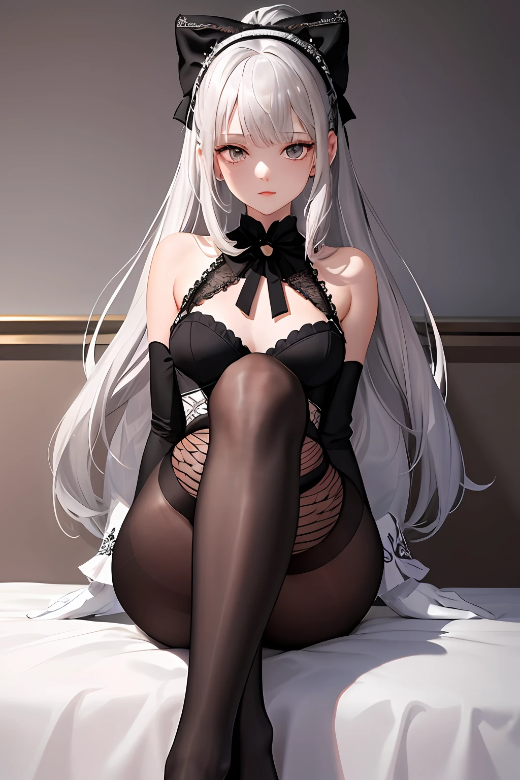 (((1 girl)),ray tracing,(dim lighting),[detailed background (bedroom)),((silver hair)),((silver hair)),(Fluffy silver hair, plump slender girl)) with high ponytail)))) Avoid blonde eyes in the ominous bedroom ((((Girl wears intricately embroidered black high-waisted pants with pantyhose) and white ruffled bow gloves), showing a delicate slim figure and graceful curves, correct limbs, sitting on the bed