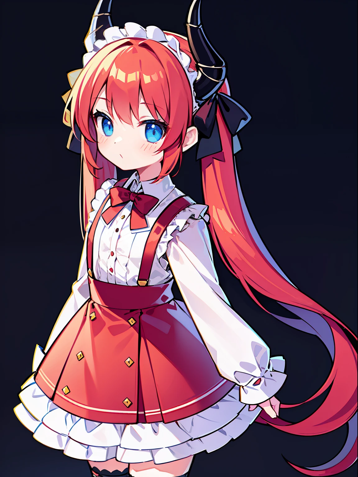 {{best quality}}, {{masterpiece}}, {{ultra-detailed}}, {illustration}, {detailed light}, red hair,blue eyes,twintails,lolita,Suspenders skirt,Fantastic,loli,solo,Dragon horns,little girl,long hair