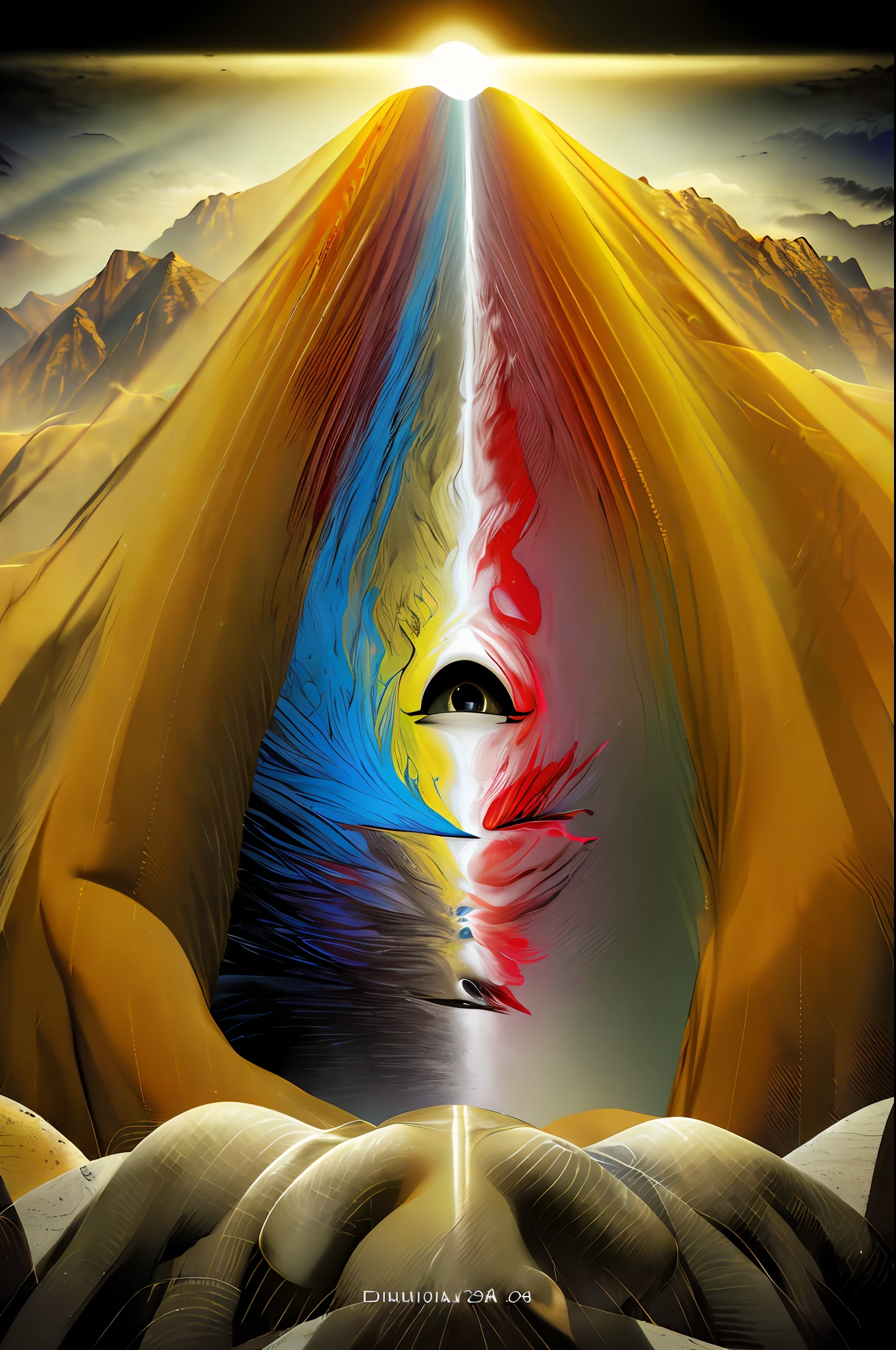 dreamlikeart, [light, paint, jwst, spiral galaxy, cosmic horrors beyond comprehension:ink, shadow,:0.25], big man, eyes, pupils, dublex, mountainous horizon, sun, art by Christopher Balaskas and Chris Moore, art by Dan McPharlin