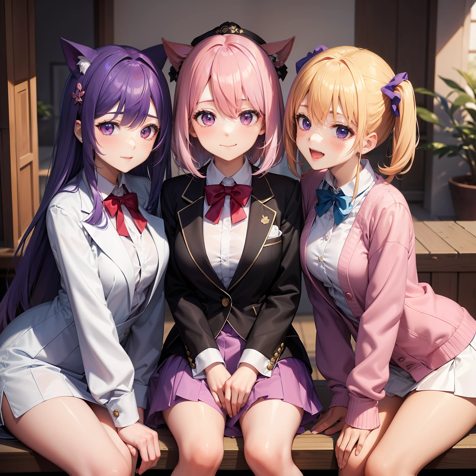 harems　Multiple girls are depicted　a smile　a blond　Pink hair　校服　blazers　top-quality　​masterpiece　超A high resolution　Purple hair　Blue-haired