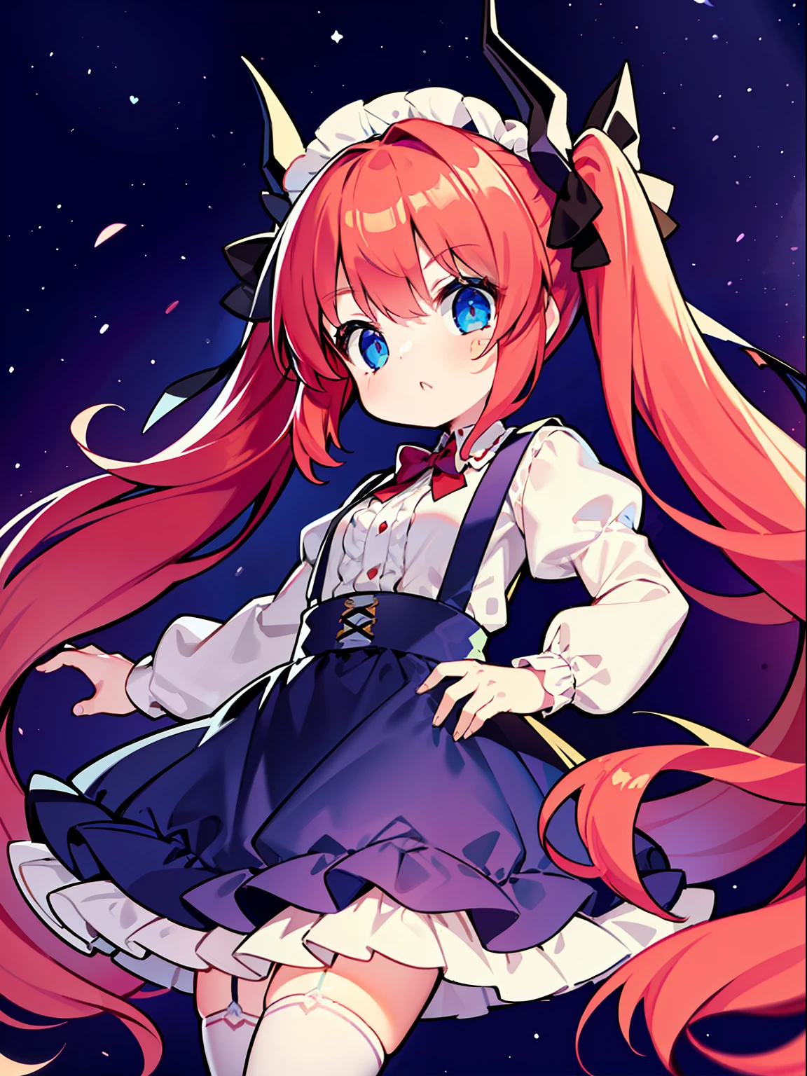 {{best quality}}, {{masterpiece}}, {{ultra-detailed}}, {illustration}, {detailed light}, red hair,blue eyes,twintails,ta,Suspenders skirt,Fantastic,lolio,Dragon horns,little gir