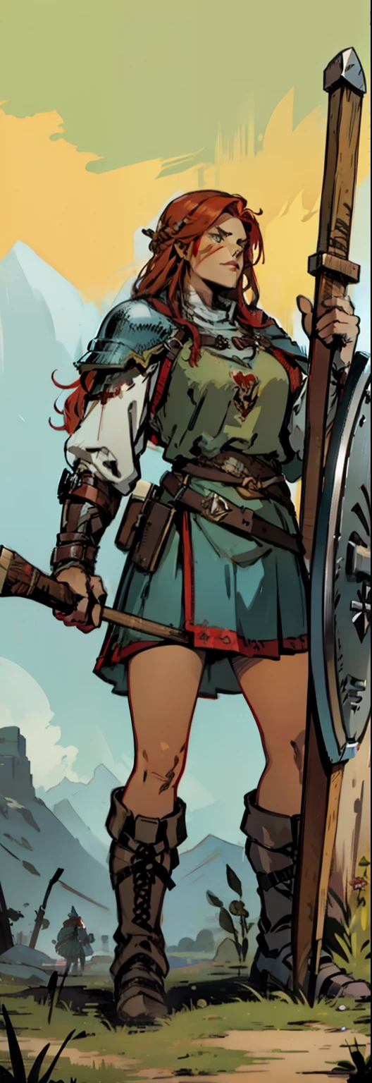 fantasy medieval illustration, female viking, warrior, red hair, holding an ax and a shield, leader boots and gloves, offensive position, anger face