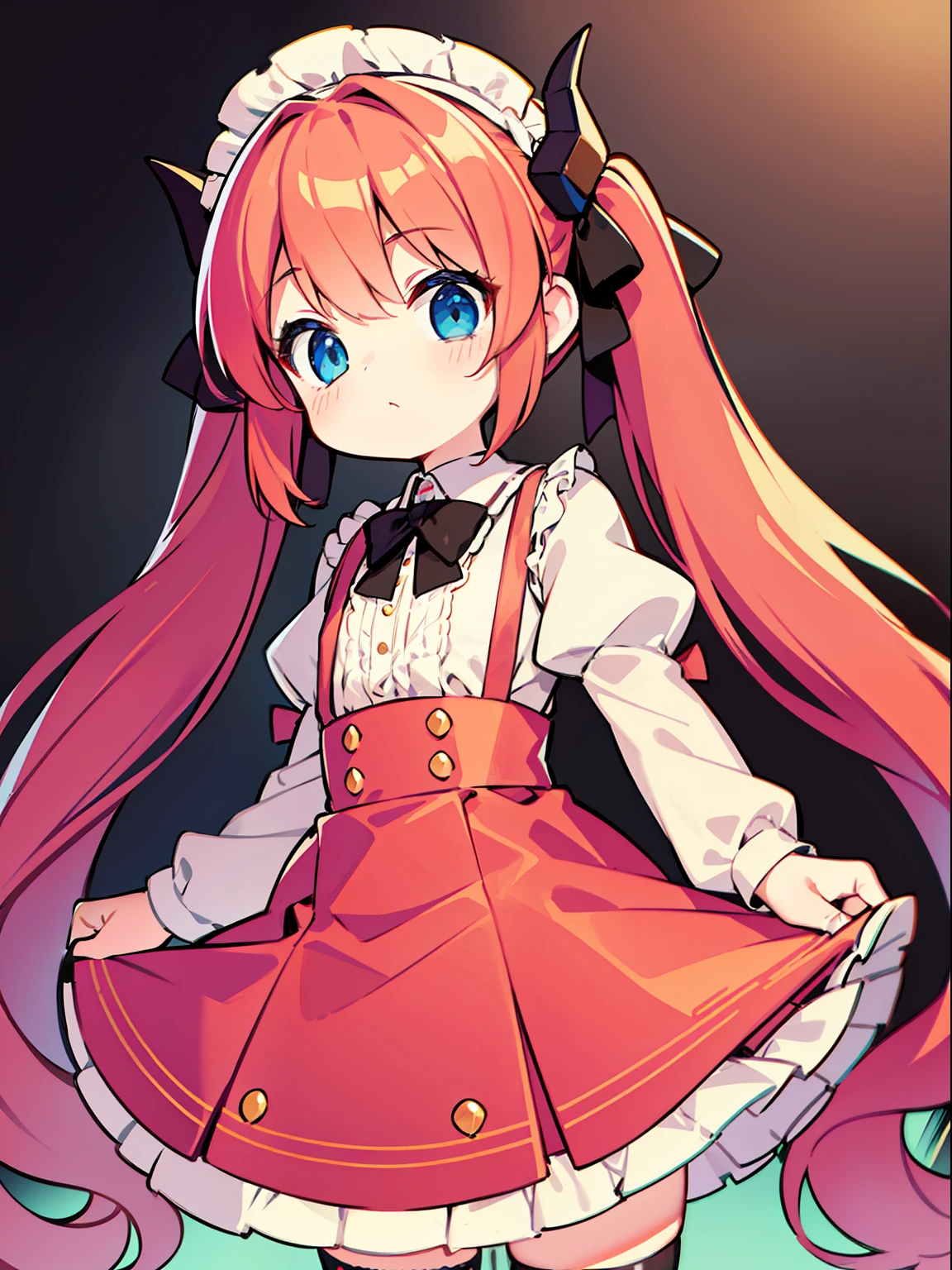 {{best quality}}, {{masterpiece}}, {{ultra-detailed}}, {illustration}, {detailed light}, red hair,blue eyes,twintails,lolita,Suspenders skirt,Fantastic,loli,solo,Dragon horns,little girl,long hair