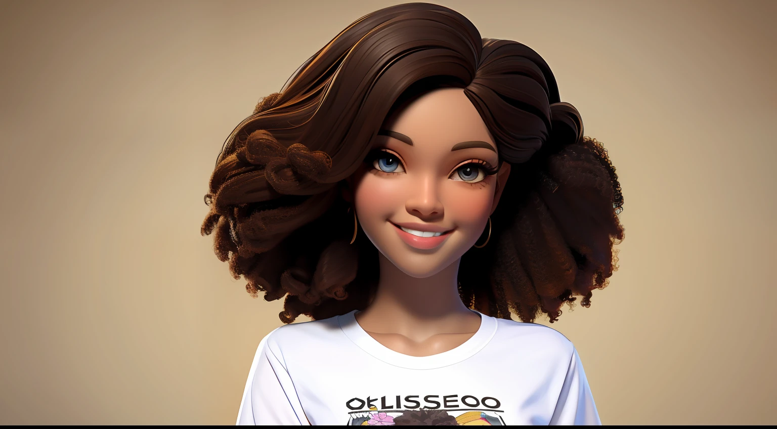 mulher afro brasileira obesa cabelo ondulado com olhos marrons sorrindo estilo monalisa, facing the camera with his arms lowered wearing a princess T-shirt, fundo branco, elegante, corpo gordo