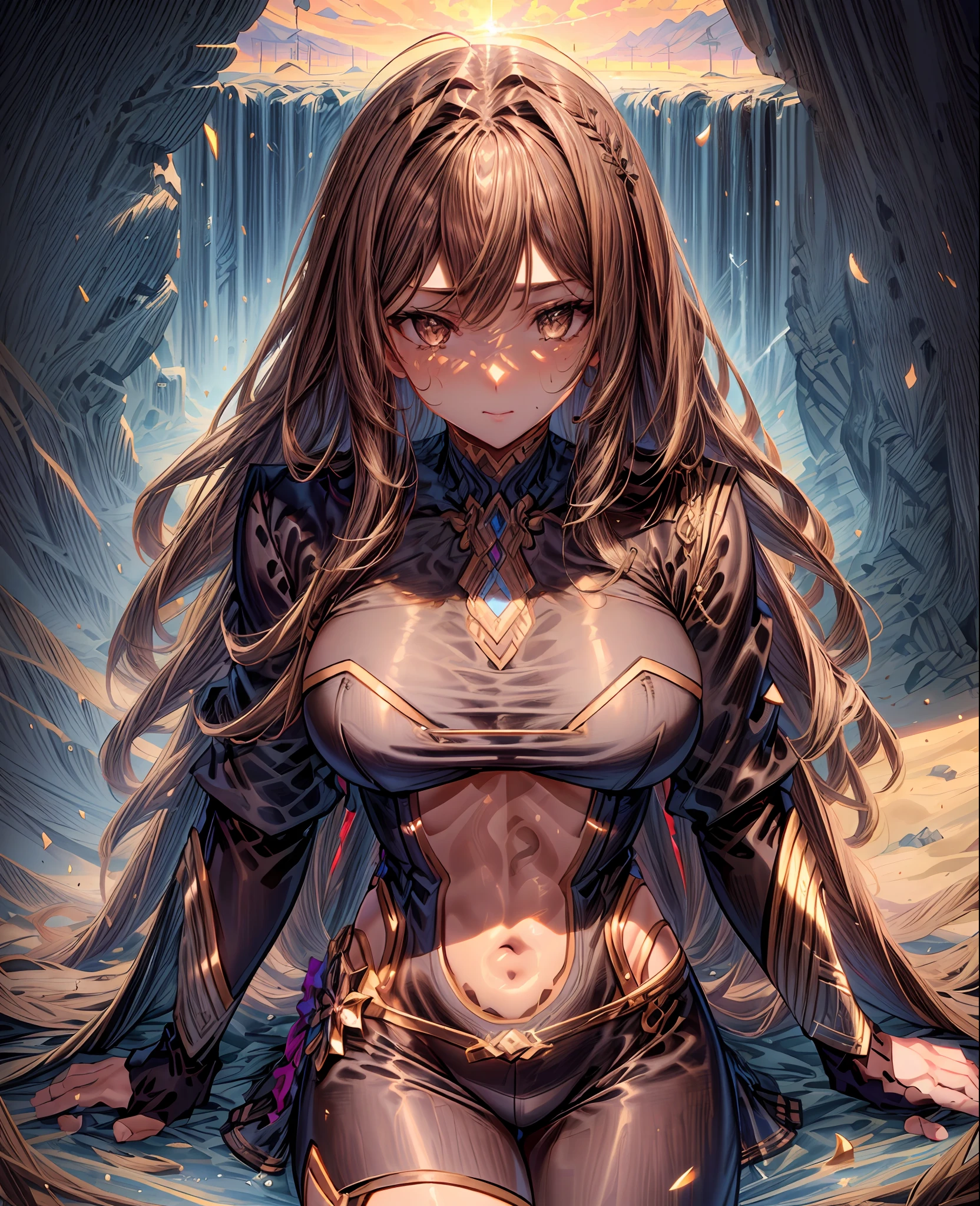 Semi realistic style image of a beautifull girl, brown hairs, light brown eyes, fit body, super detailed hairs, sexy suit, sexy face, super deteil, high contrast, desert background, strong deth view, sharp focus, ultra detailed background, masterpiece, ultra detailed shadows, highlights, cleavage, Tex Mex Burrito Style.