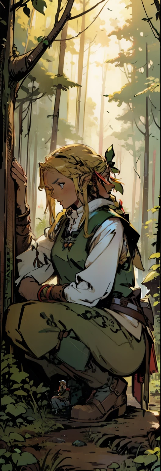 female elf, hunter, blond hair with dreads, holding a bow, with ligh brown vests, squat in a bright forest, RPG, fantasy medieval illustration