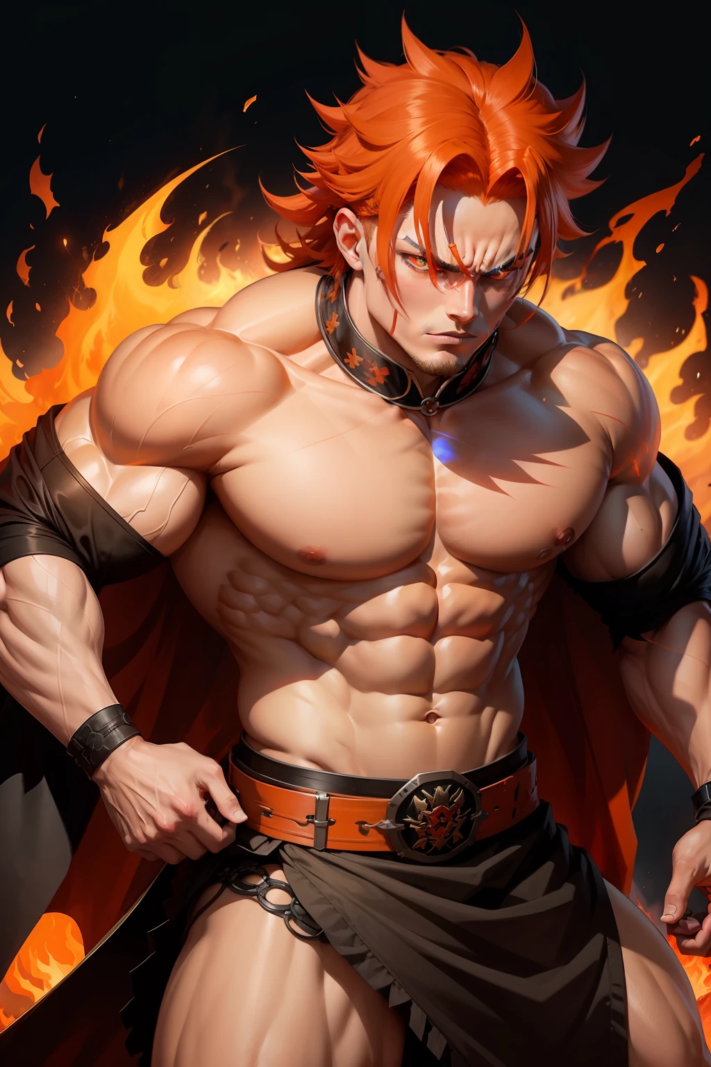 A Slayer of Kimetsu no Yaiba with a muscular and imposing appearance, possessing vibrant orange hair reminiscent of burning flames with magma breathing