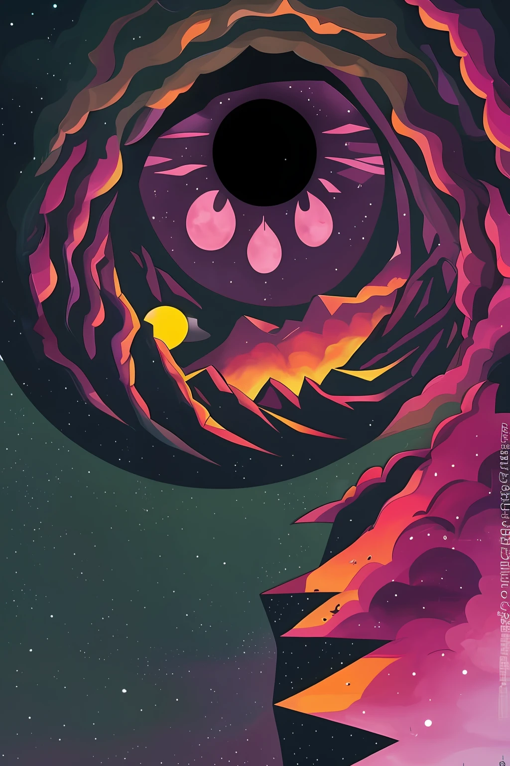 dreamlikeart, [light, paint, jwst, spiral galaxy, cosmic horrors beyond comprehension:ink, shadow,:0.25], big man, eyes, pupils, dublex, mountainous horizon, sun, art by Christopher Balaskas