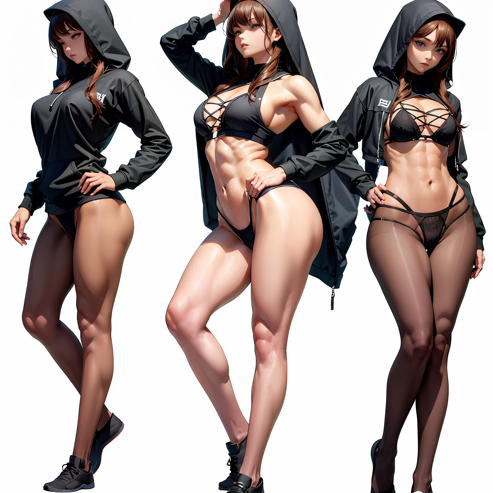 body builder, musuclar, hoodie oversized, big assa, 1girl, strong shoulders, shapely body,perfect proportion of body,Long russet hair, tmasterpiece, Best quality at best, shoe, full bodyesbian, posed for photo, beautifully color-coded, sockes, Tight hip leggings on white background, studio, looks away, Covered with a hood