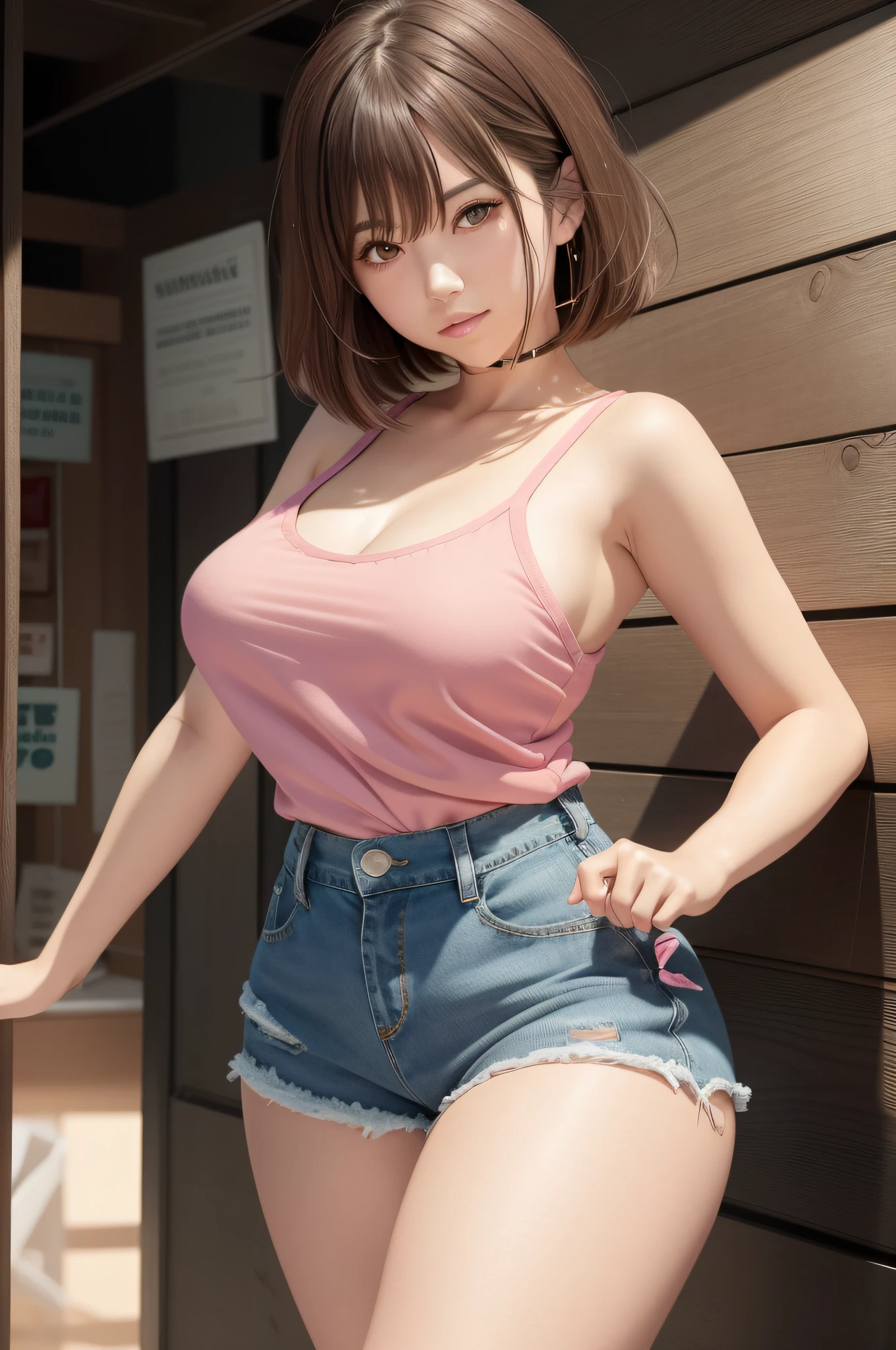 anime - style image of a woman in a pink top and denim shorts, seductive anime girl, casual pose, makoto shinkai and artgerm, oppai proportions, photorealistic anime girl render, makoto shinkai. digital render, attractive anime girl, realistic anime 3 d style, realistic shaded perfect body, small curvy , makoto shinkai style