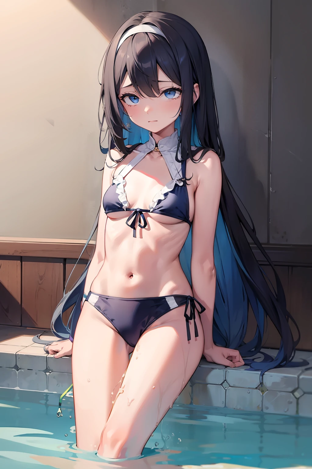 tmasterpiece，best qualtiy，tmasterpiece，best qualtiy，offcial art，the Extremely Detailed CG Unity 8K Wallpapers，traditional_Mediums，Kizi，，black hair band，long whitr hair，whaite hair，eBlue eyes，Small breasts，School swim wear，Expressionless，swimmingpool,low-tied long hair,straight on,Pupil of the slit