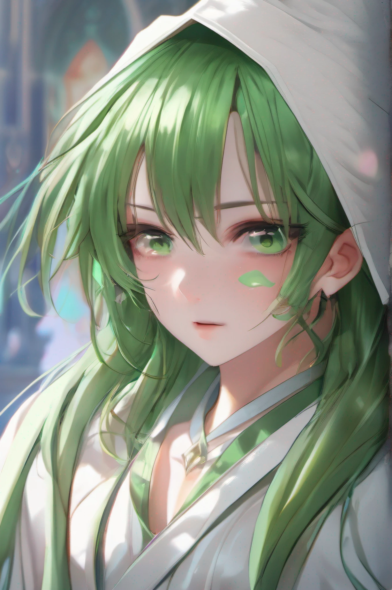 green pupills, fate, wearing white robes with, Narrow eyes, green hair, very long hair, asymmetrical bangs, eyebrows behind hair, light smile, high detail, anime, chiaroscuro, cinematic lighting, drop shadow, anaglyph, anaglyph, ray tracing, UHD, high details, textured skin, 16k