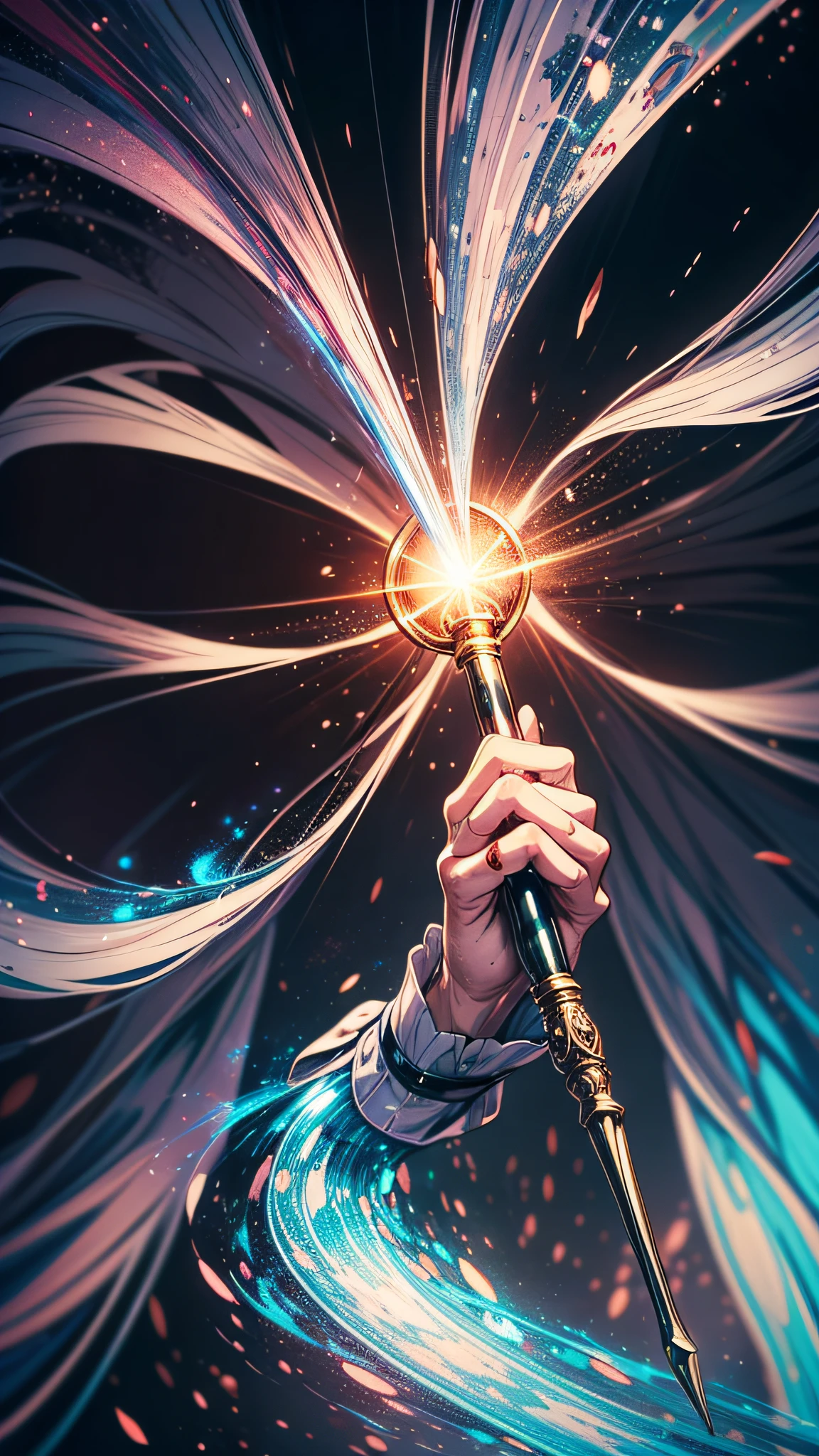 Only one hand appeared with a wand,The magic wand works magically,The wand is tilted in the frame,The tip of the wand emits cool special effects,blood stain,Dark,fantasy