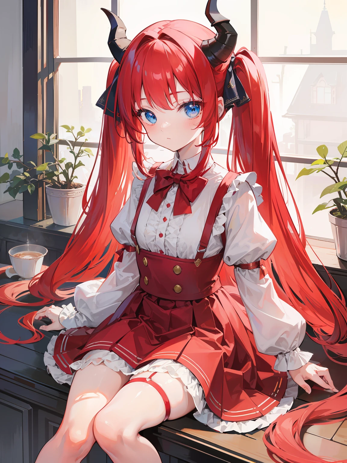 {{best quality}}, {{masterpiece}}, {{ultra-detailed}}, {illustration}, {detailed light}, red hair,blue eyes,twintails,lolita,Suspenders skirt,Fantastic,loli,solo,Dragon horns,little girl,long hair