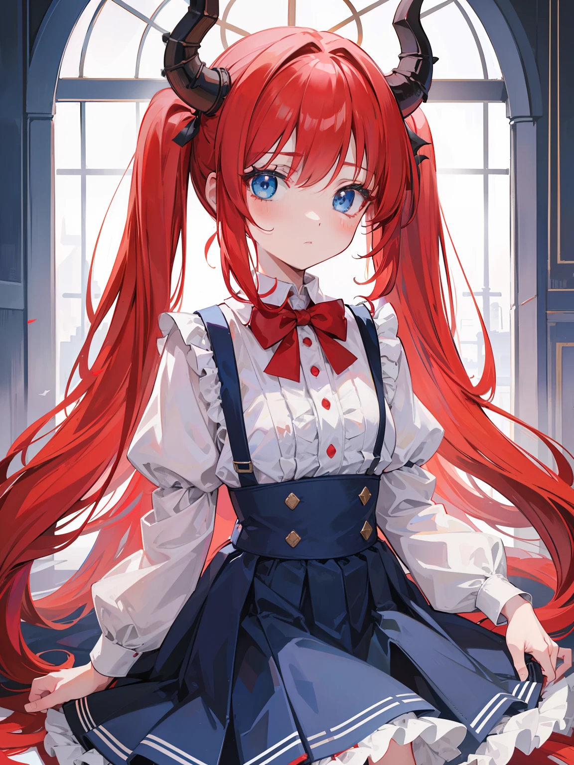 {{best quality}}, {{masterpiece}}, {{ultra-detailed}}, {illustration}, {detailed light}, red hair,blue eyes,twintails,lolita,Suspenders skirt,Fantastic,loli,solo,Dragon horns, girl,long hair