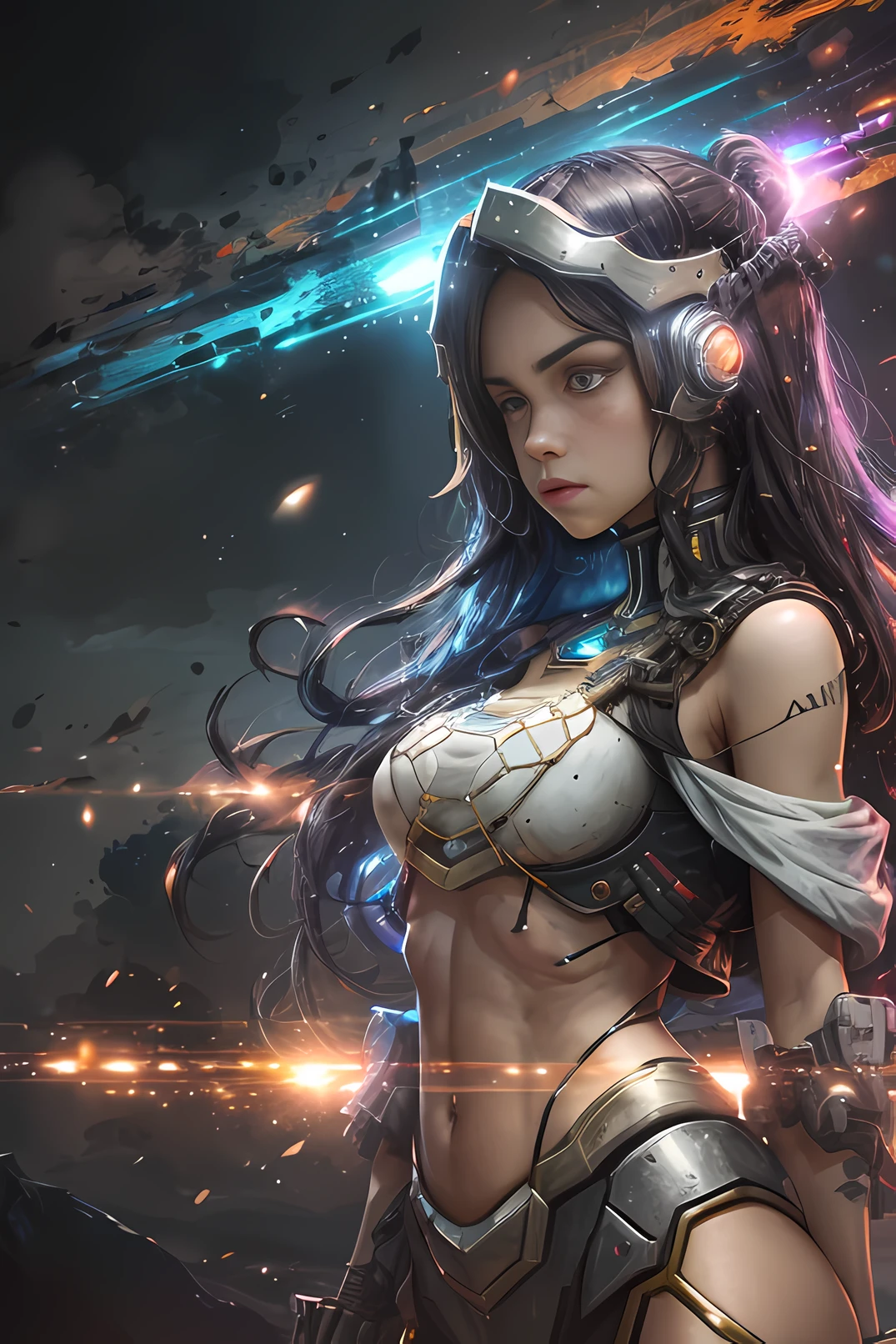 1 mujer cyberfunk rasa, futuristic, volcan, fuego, llamas, Pose de lucha, Torso lleno, Piezas de metal plateado y negro en el cuerpo con detalles dorados, ojos rojos, ((super-realistic)), (Cara con sombras detalladas), (Obra maestra, highest qualityr), Altamente detallado, hiperrealista.