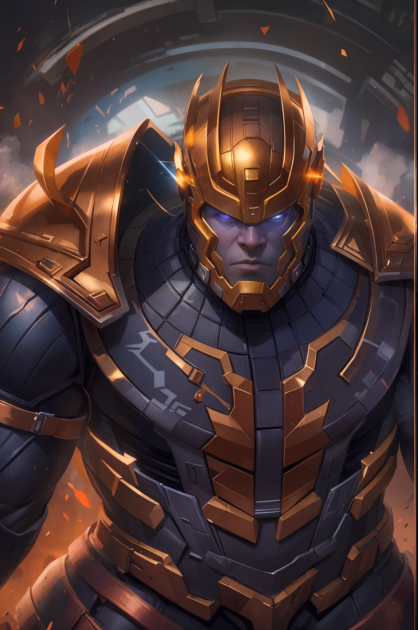 Galactus en una armadura con ojos brillantes y un halo brillante, Retrato de Thanos, Rasgos de estilo Thanos, Thanos, amazing 8k character concept art, armarmadura completamente dorada 1:2, Obra maestra de ArtStation, Thanos como Vin Diesel, Joe Biden como Thanos, 8K HD WallpaperJPEG Artefacto, 8 K HD WallpaperJPEG artefacto, Tendencias en ArtStation 4K, Tendencia en ArtStation, visor futirusta copmo el de ciclope de los xmen