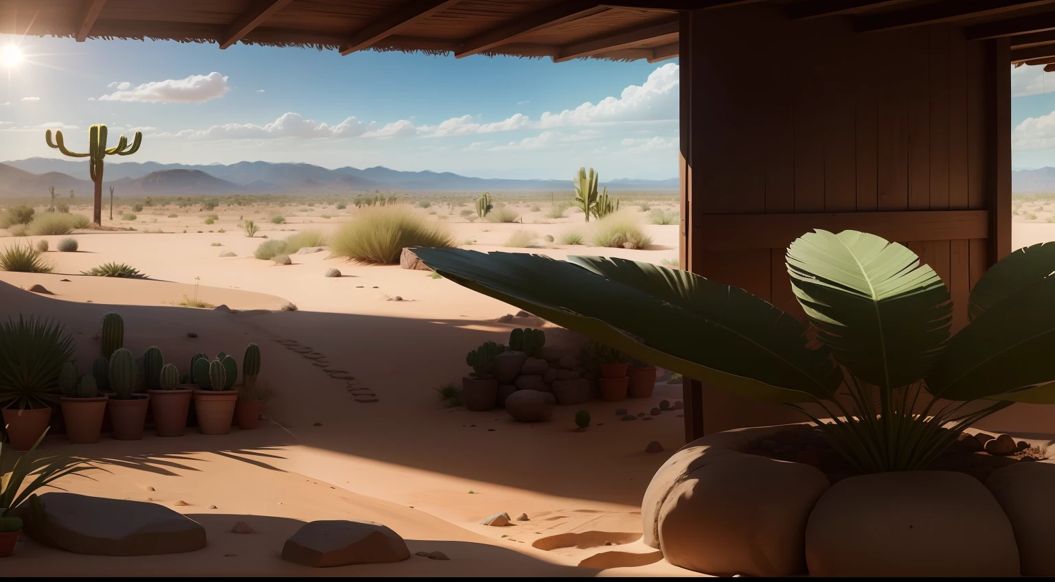 Totally realistic image of a scene of the interior of the northeastern hinterland, com sol para fixar, Cactos, montanha de pedras, dry and arid climate, casa de taipa, telha de barro no teto