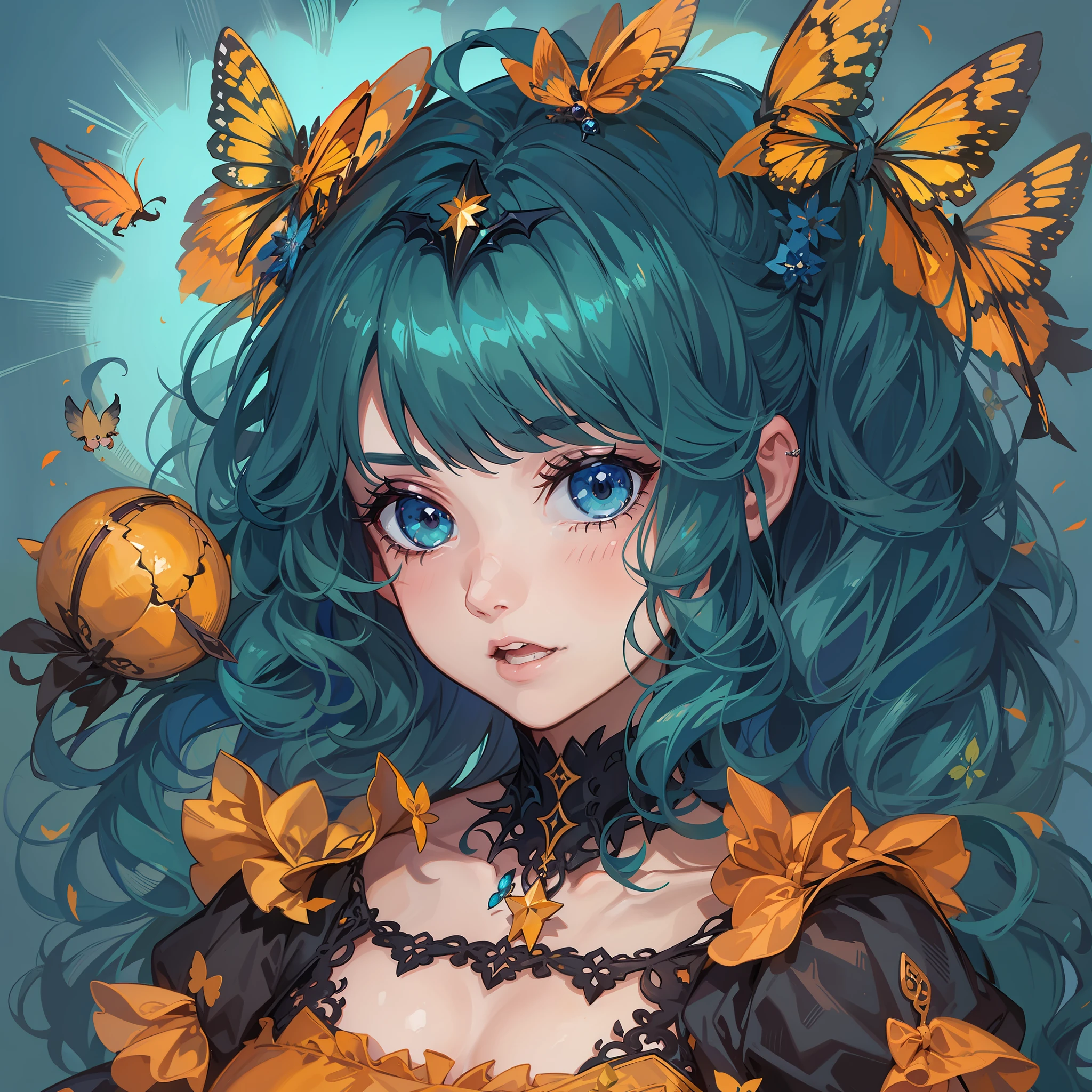Mulher 30 anos cabelo azul laranja, orelhas de raposa, mulher madura, gotica magica, lolita, loli, garoto orelha de raposa, roupa gotica