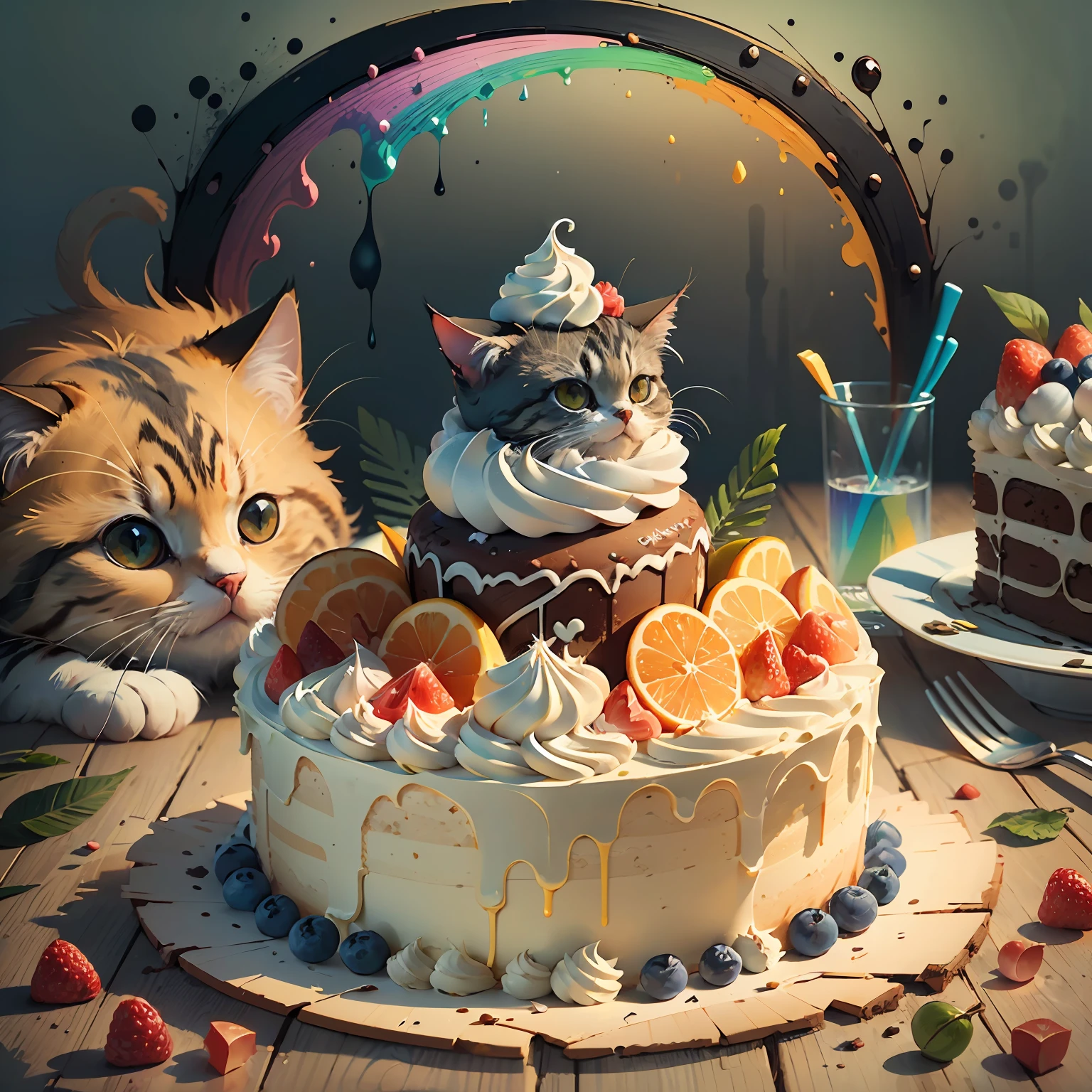 ((top-quality)), ((masterpiece)),/ (Stickman Cartoon, a cake, fruit), ( Cute cat),(rainbow,), (pet), (Soft light), (Glass Style)