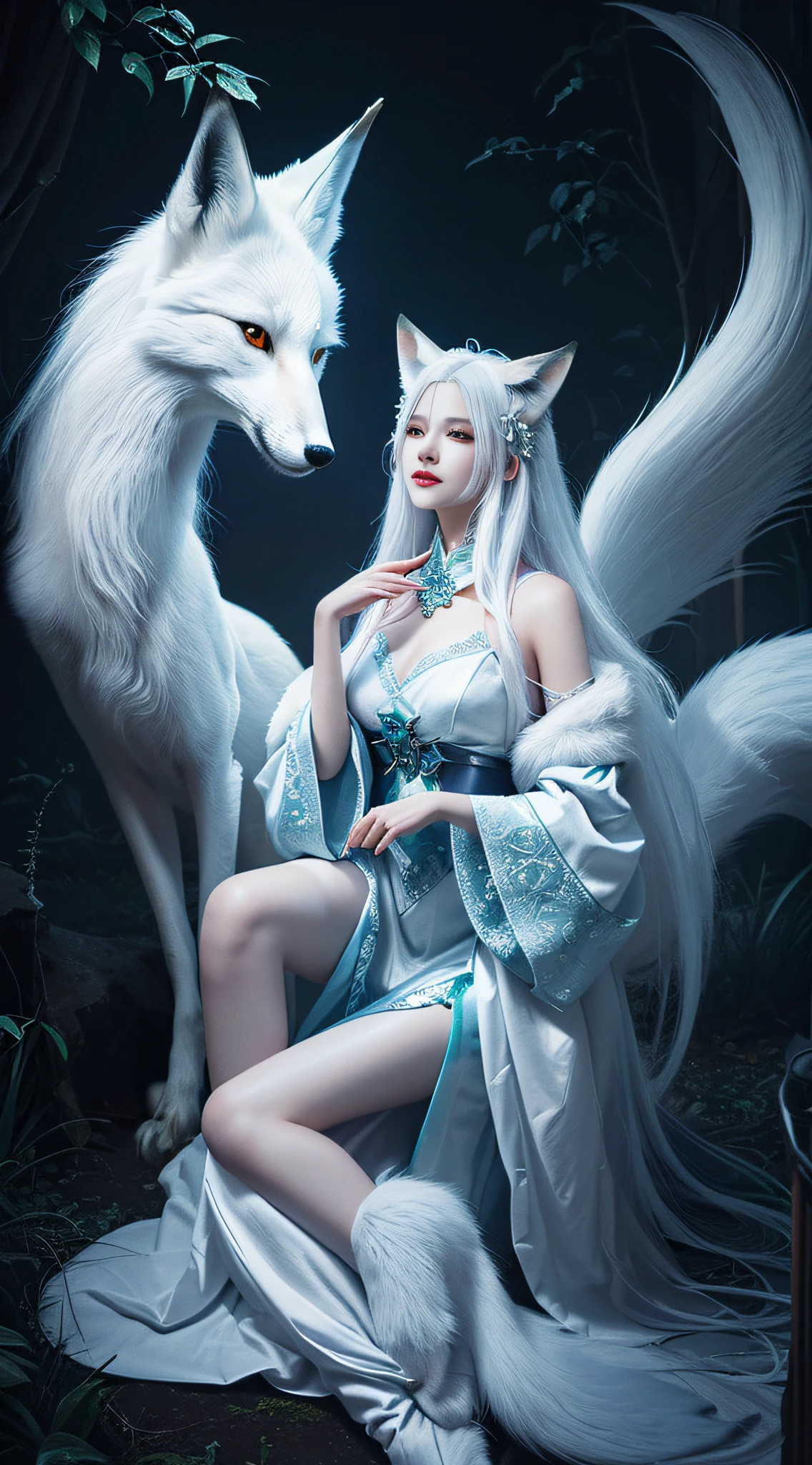 To, masterpiece, beautiful details, colorful, delicate details, delicate lips, complex details, real, ultra-realistic, a girl with white hair fox sitting on a branch: 1.1, big tits, sexy, seductive, ethereal fox, nine-tailed fox, fox three-tailed fox, Onmyoji detailed art, nine tails, beautiful artwork illustration, mythical creatures, foxes, beautiful digital artwork, exquisite digital illustration, mizutsune, inspired by mythical creatures wildnet, pixiv On digital art, bright light, high contrast, horror movie theme, dark atmosphere