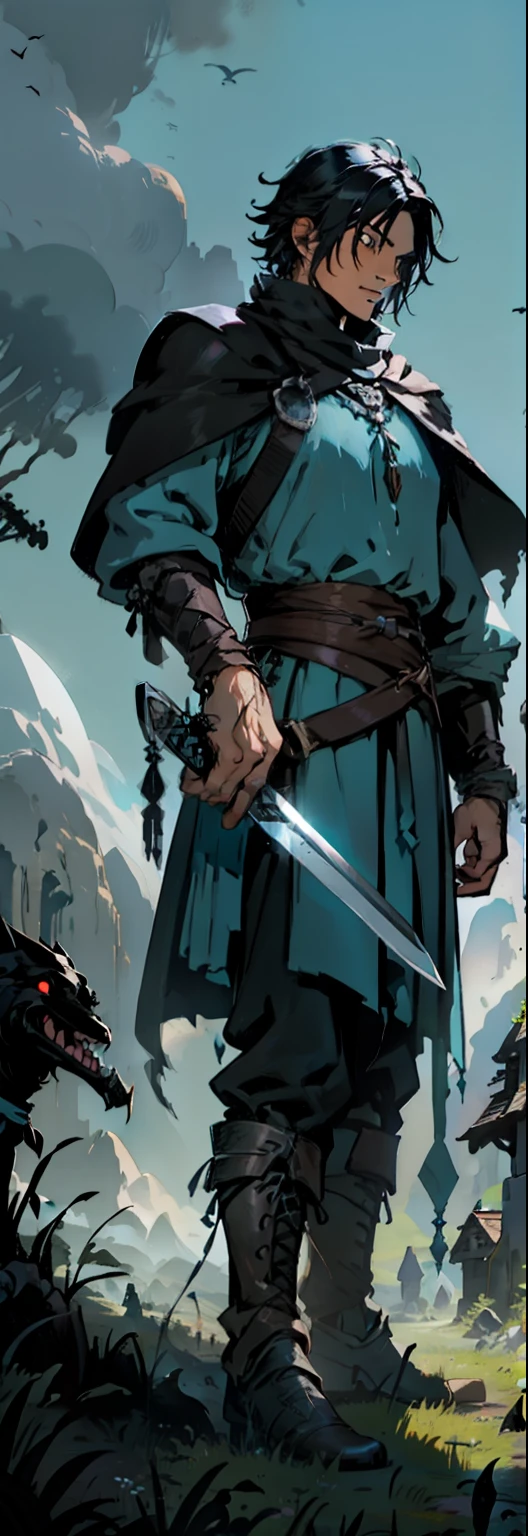 rpg, medieval fantasy illustration, black crow on a human skull, with bulging canines, on the grass next to a sword stuck in the ground, with a torn blue cloth tied to the hilt, dark light
