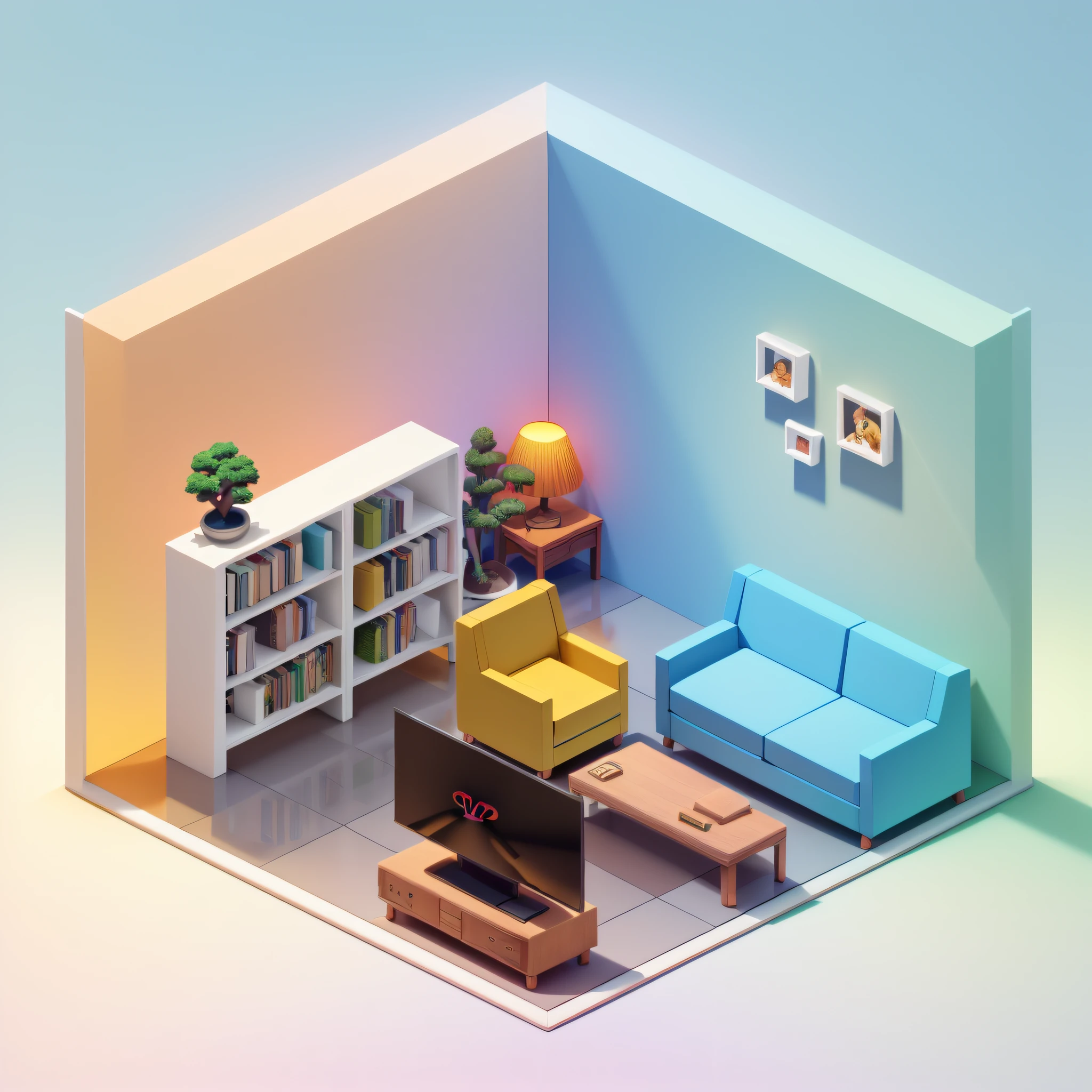 (Isometric perspective:1.5),(Pixar style:1.2), Room, bed, sofa,(small bonsai:0.8),desk lamp, TV, mural, 3D,Disney,Panoramic photo,White background, solid background,Global illumination, raytracing, modeling,HDR,octane render,unreal render,behance,dribbble,artstation,best quality, 8k,