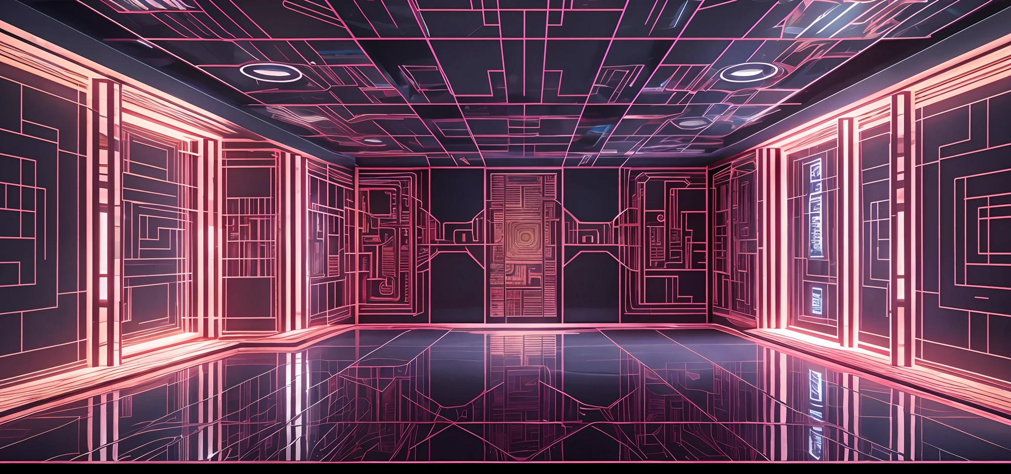 Square interior space，secret room，Immersive indoor horror theme，escape room，holograph，projection，LED,labyrinths of，digital immersive indoor space，人物，decryption，exploring，the detail，highly accurate，Ground projection，lineworks，riddles，one-girl，A boy with，The ground has a maze pattern，The top is mirrored，Reflectors，There are sci-fi holographic avatars on the walls，a haunted house，Inception，contortion，space transformations，Mirror-like reflection，complex pattern，There is a console in the middle of the house，There are holographic figures on it，There are VR glasses，At the top of the space is a mirror，Reflect the entire space（detail real，k hd，Global illumination,Ray traching,hdr,unreal render,reasonable design,high detal,Masterpiece,Best quality,hyper HD,Cinematic lighting)