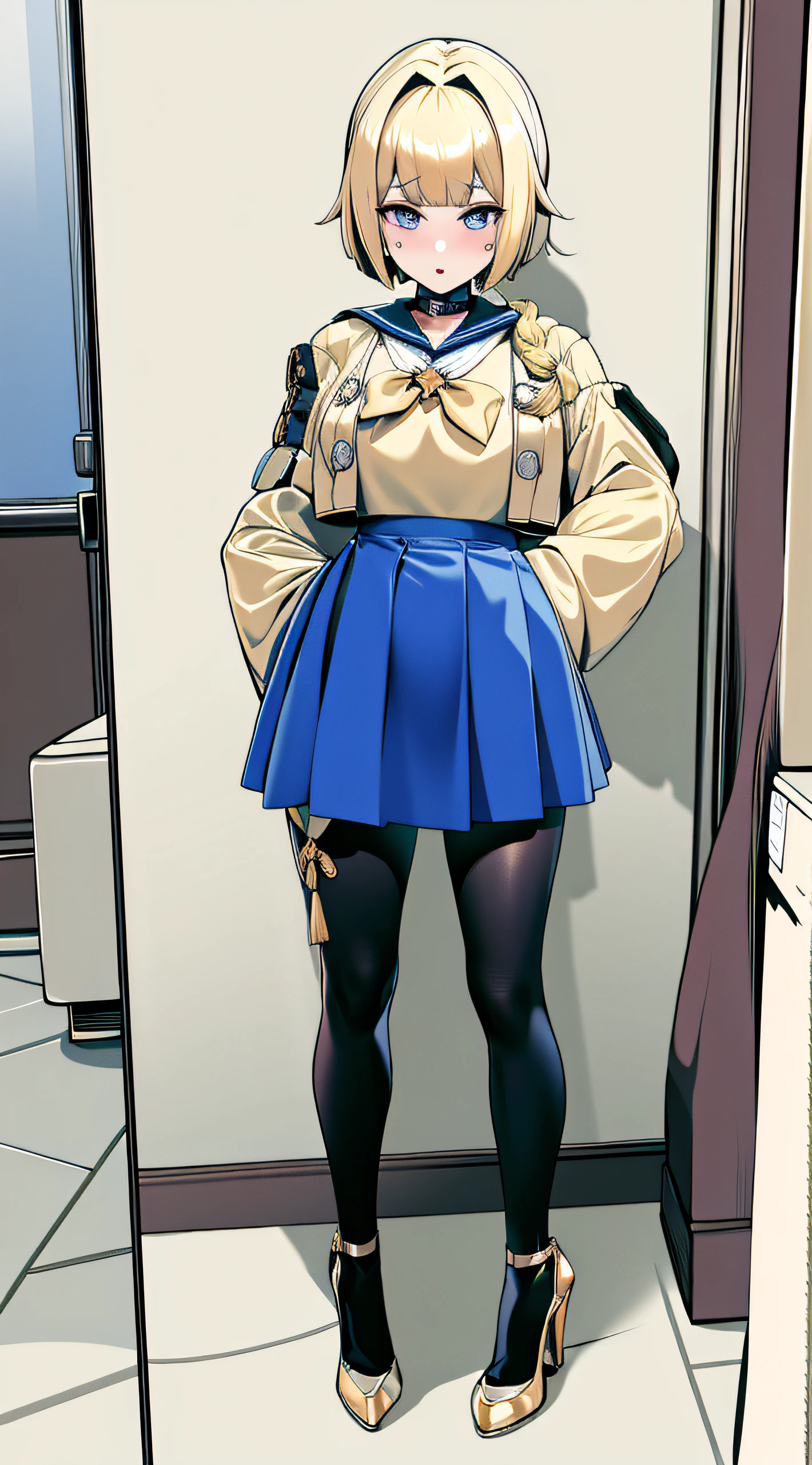 Masterpiece, Best quality, Beautiful,Masterpiece,upper legs,Sailor suit,Blonde hair,hair over shoulders,bob hair,Blush,High heels,Genshin Impact,full bodyesbian