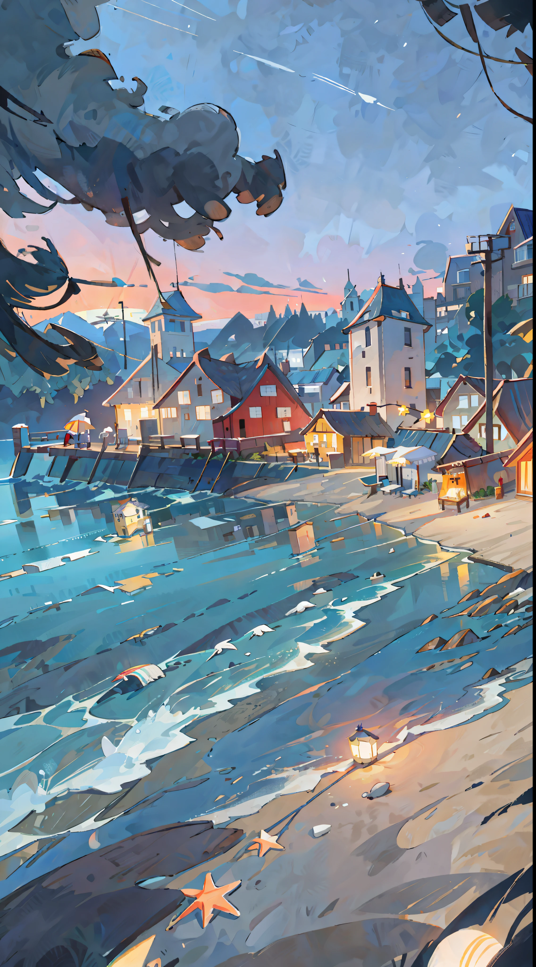 Seaside town, beach, night