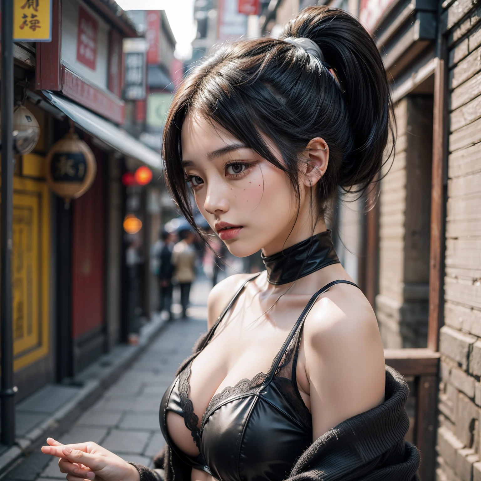 Excellent image quality,hyper HD,tmasterpiece,Polaroid,one-girl,High ponytail,tear-mole,Only the upper body remains,black color hair,Dynamic styling,closeup cleavage,Ancient Street,Jiangnan Water Town