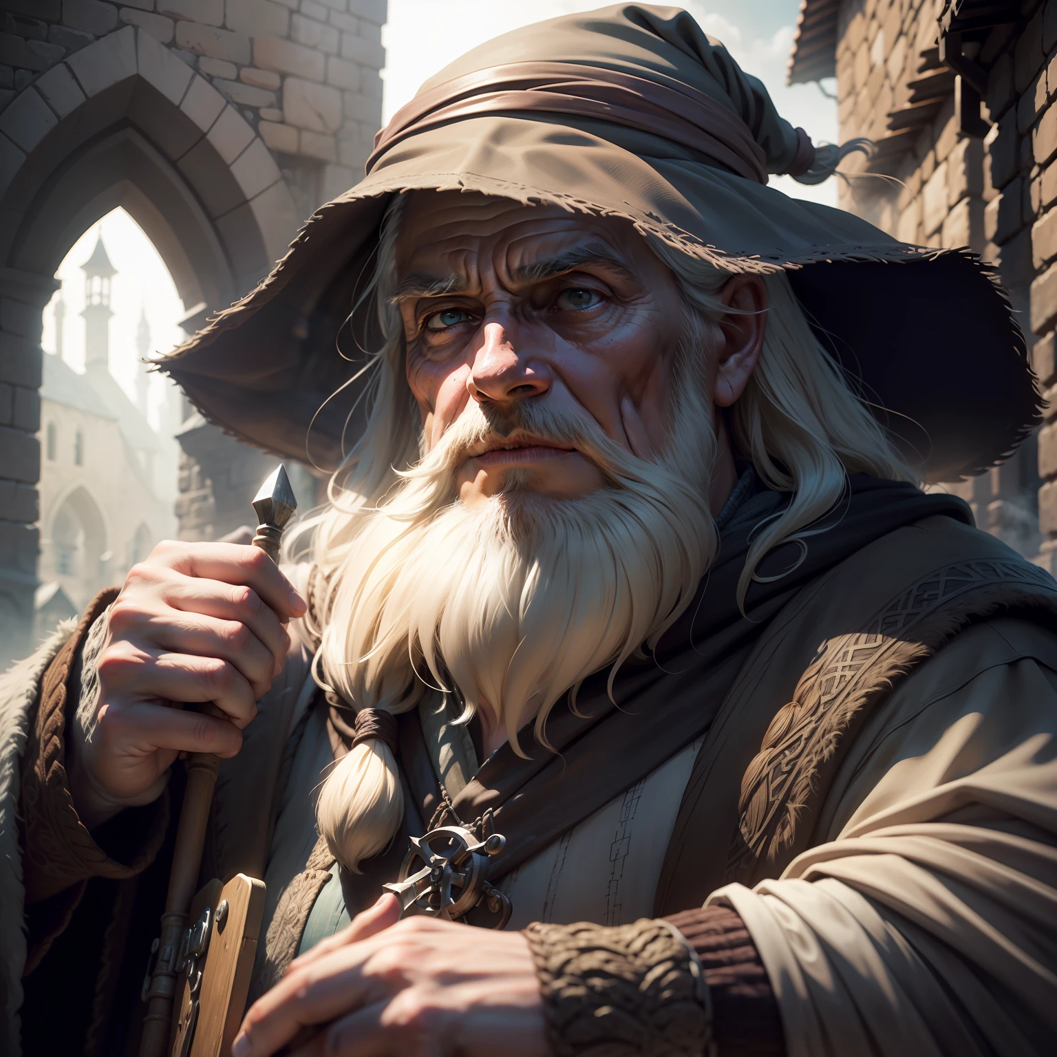 abstract colors, texture, film grain, skin pores:0.1 hasselblad dslr RAW photo, backlit intricate dramatic portrait of an old bearded wizard casting a spell, standing on medieval fantasy city (cobblestone street)1.2, foggy morning, shannara chronicles lotr gandalf hobbit willow concept art anna dittmann magali villeneuve marc simonetti, cinematic movie still frame, (analog style)1.3 (film grain)1.3