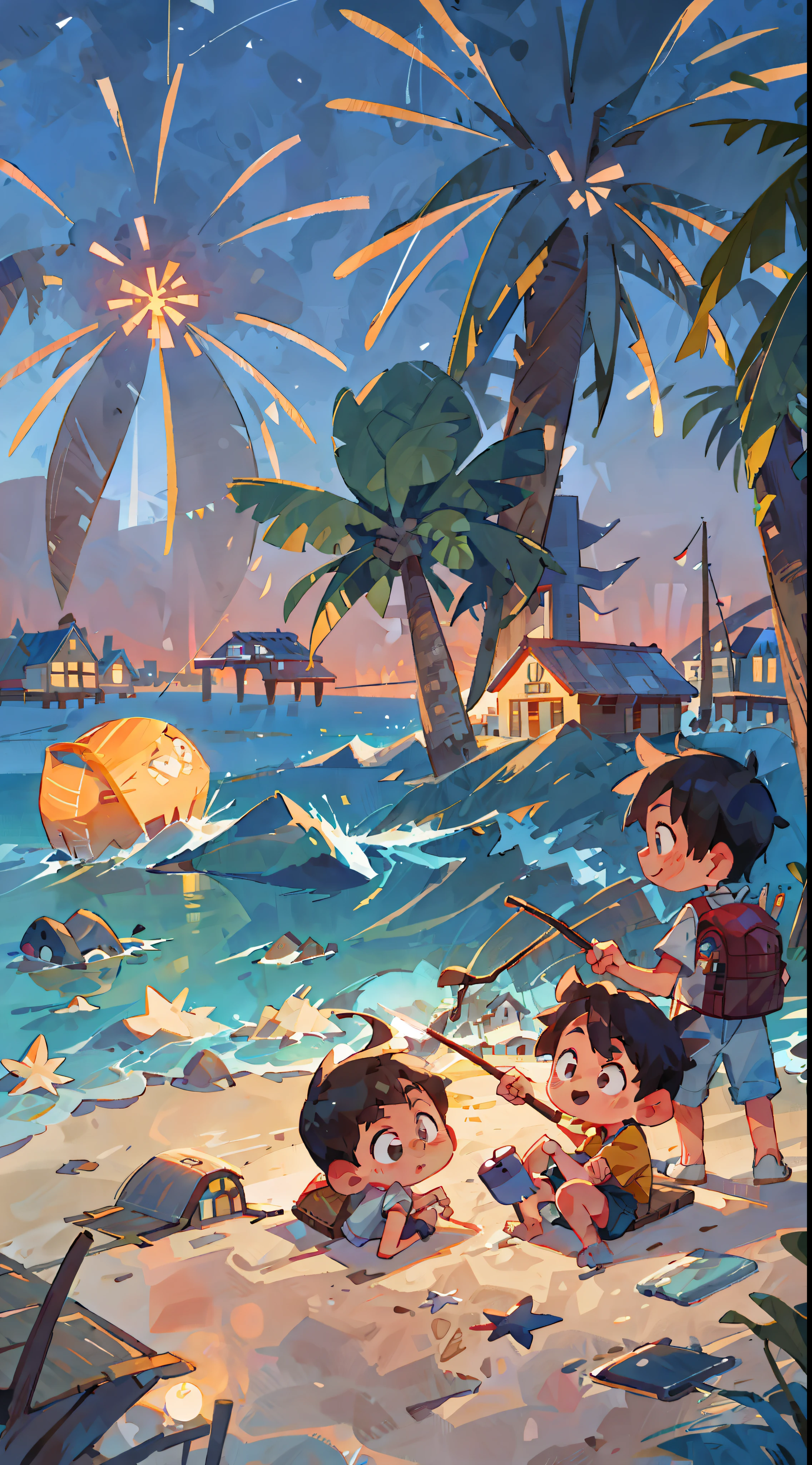 Seaside town, beach, night, summer, fireworks, s, fishing