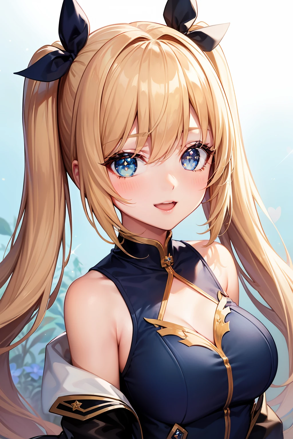 righteous.Very beautiful girl,Golden shiny hair, hight resolution,straight haired,A slender、 beautiful detailed hair,Dark blue with red ribbon uniform、Pigtails、Hair is long and shiny、Detailed, dynamic glittering backgrounds、large, rounded eyes、Blue eyes、Sparkling blue pupils、Bust D、Underexposed eyes、Dynamic Poses、、Flower garden、Rainbow flowers fluttering background、Twinkle background、Background with lots of bright flowers、a smile、Upper Body Up