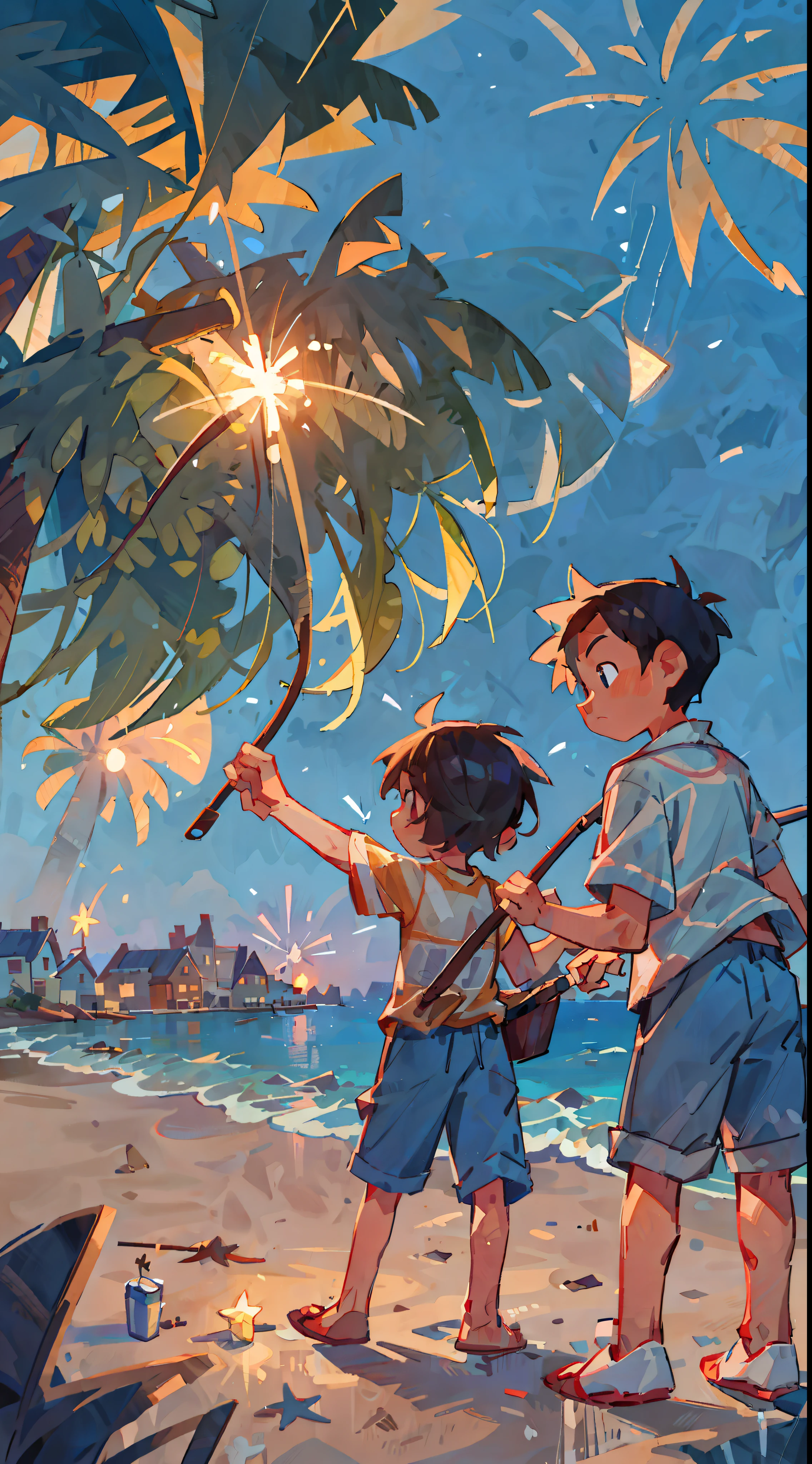 Seaside town, beach, night, summer, fireworks, little boys, fishing