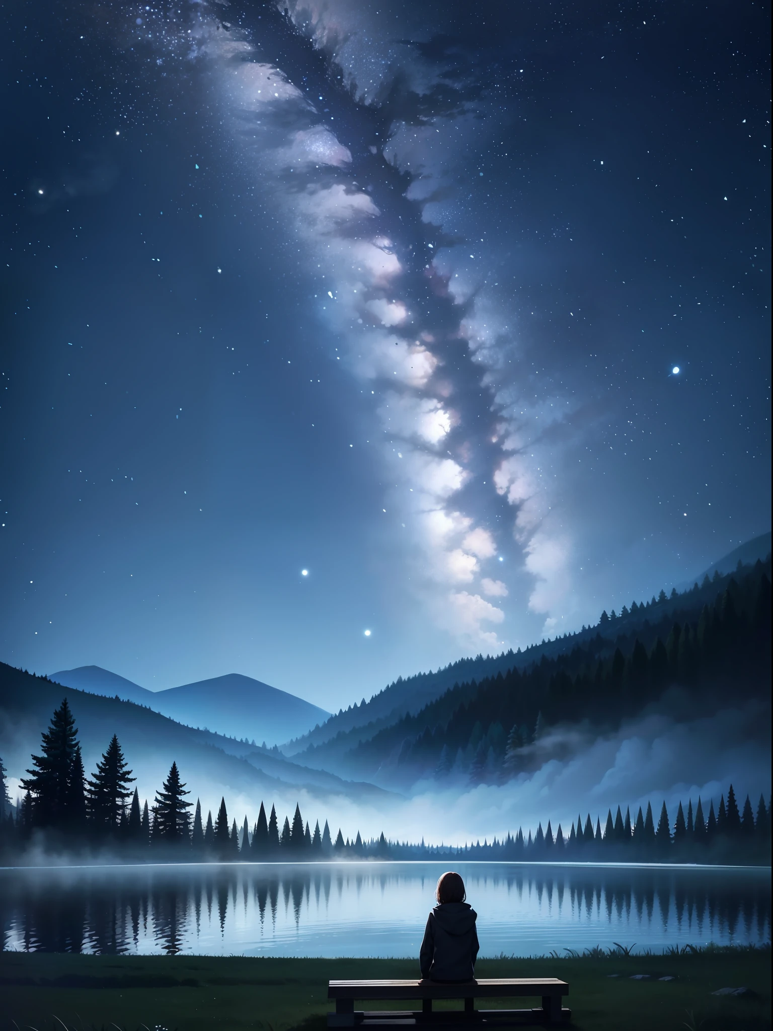 the night,Bright smoke starry sky,Forest by the lake,People in the distance,Meteors flew by,Forest,Master masterpieces,