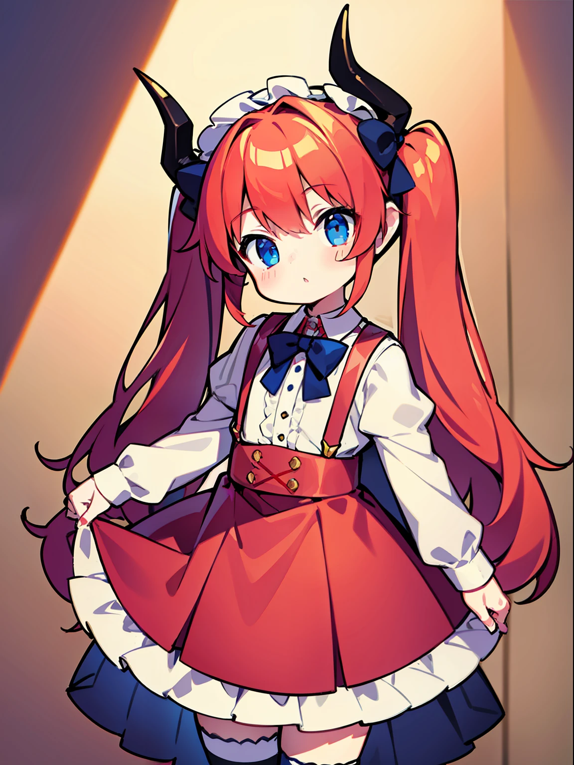 {{best quality}}, {{masterpiece}}, {{ultra-detailed}}, {illustration}, {detailed light}, red hair,blue eyes,twintails,lolita,Suspenders skirt,Fantastic,loli,solo,Dragon horns,little girl,long hair