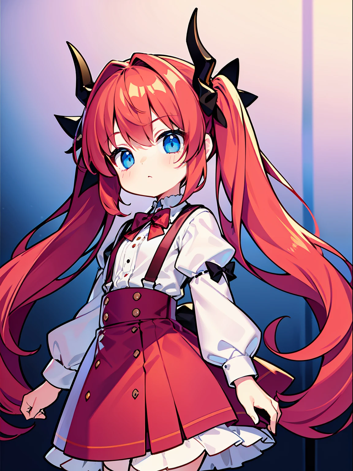 {{best quality}}, {{masterpiece}}, {{ultra-detailed}}, {illustration}, {detailed light}, red hair,blue eyes,twintails,lolita,Suspenders skirt,Fantastic,loli,solo,Dragon horns,little girl,long hair