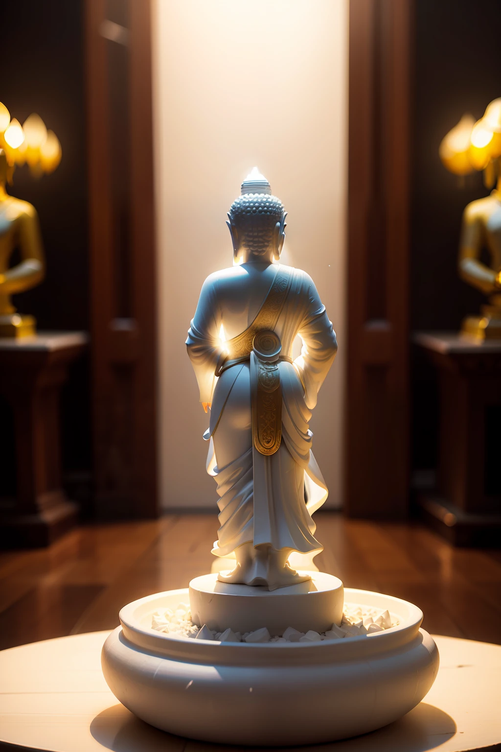 White jade Buddha statue,White,The light is natural,Dress more,facing away from the audience